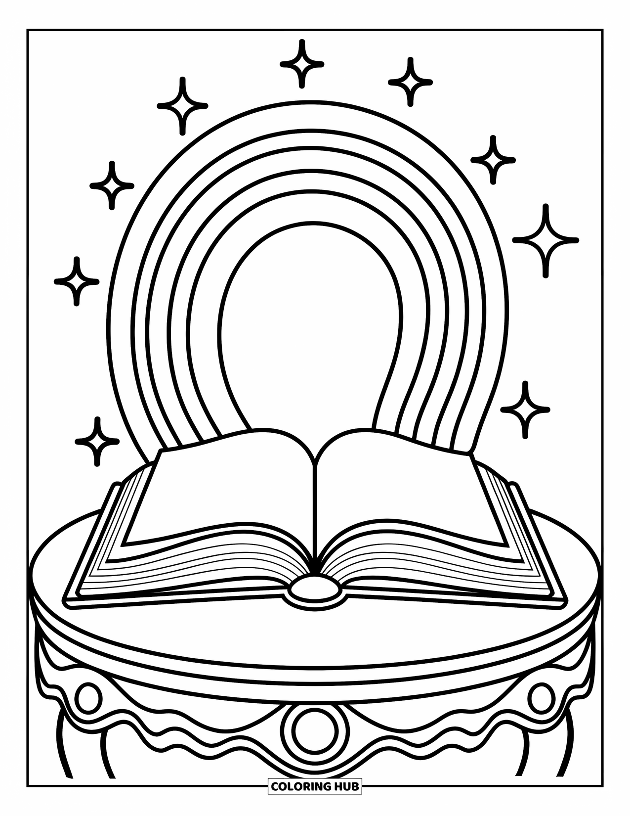 Desen de colorat cu curcubeu pentru copii: O carte de povești izbucnește de magie, în timp ce un curcubeu vibrant se ridică din paginile sale