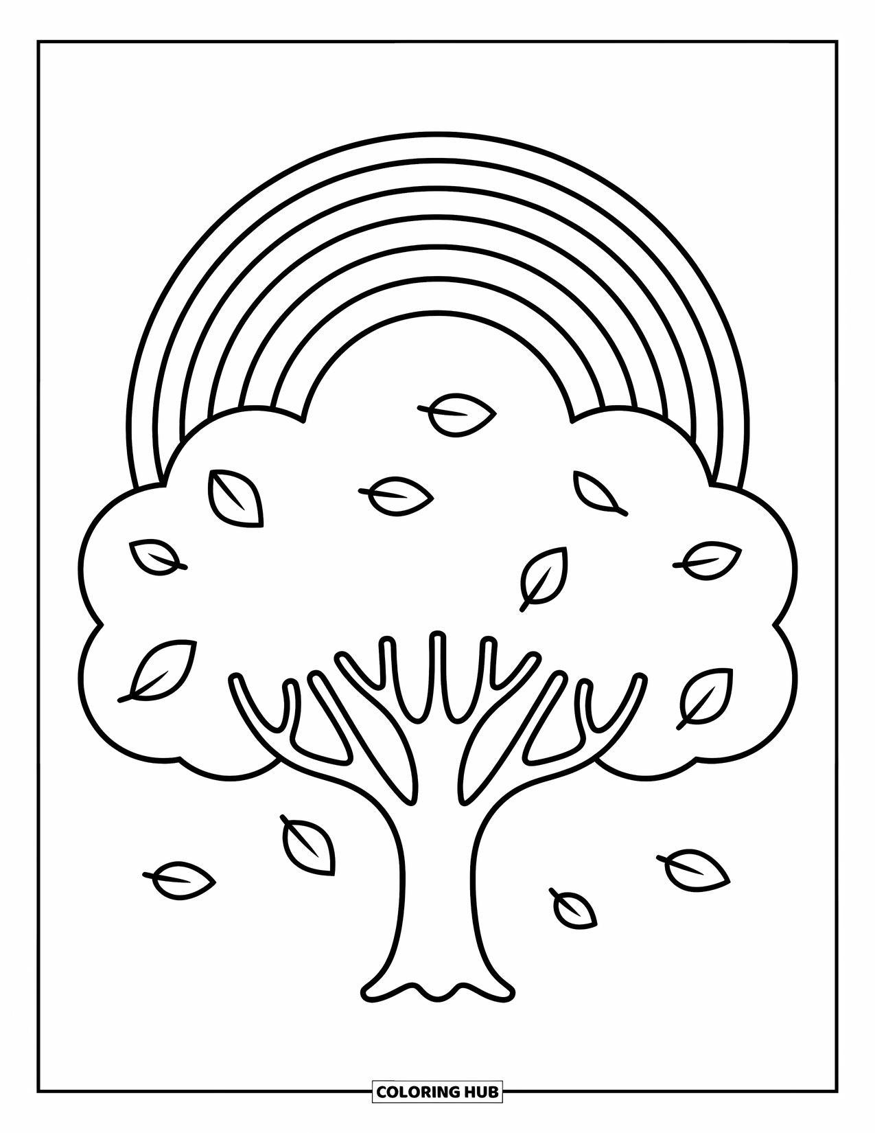 Desen de colorat cu curcubeu pentru copii: Un copac robust cu ramuri răspândite stă sub un curcubeu strălucitor, arcuit