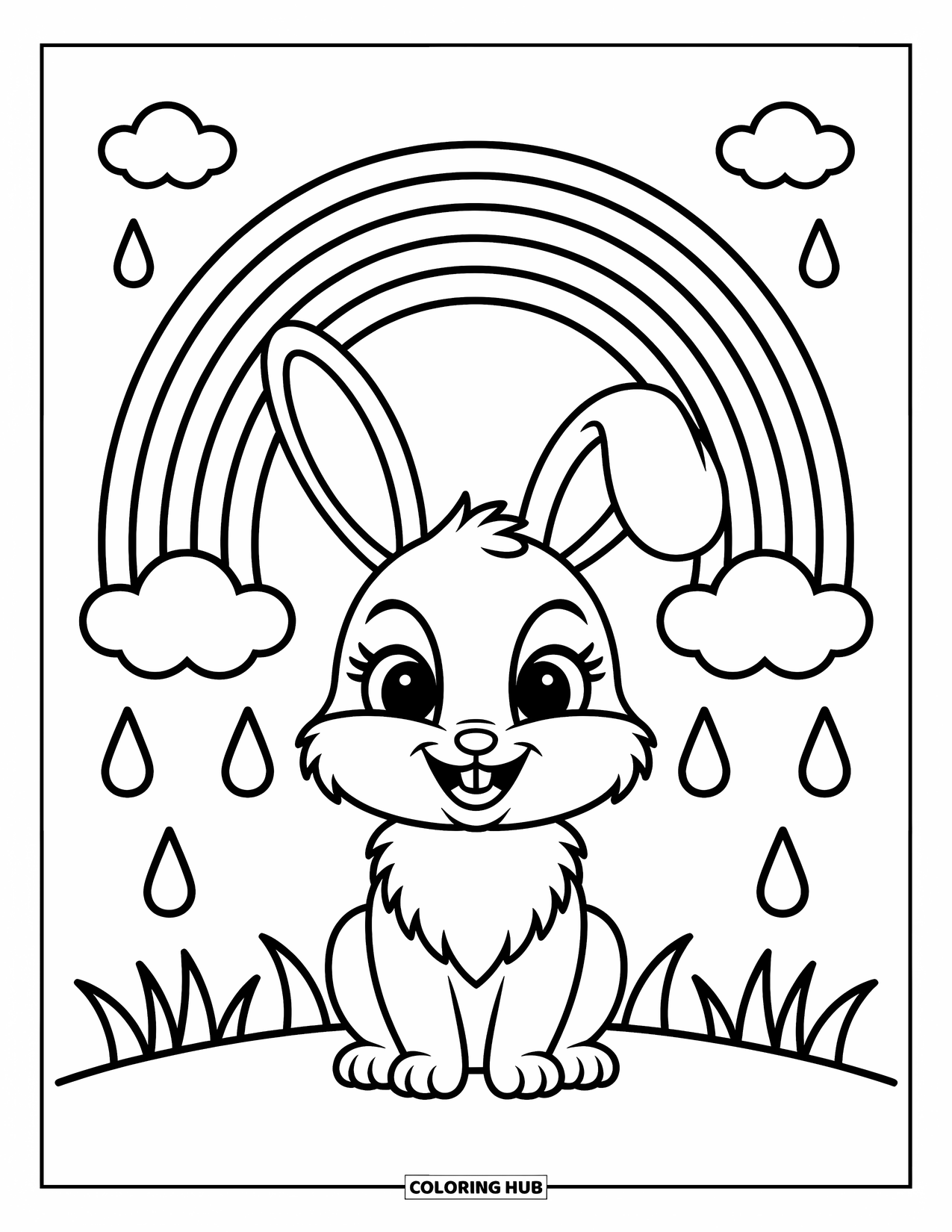 Desen de colorat cu curcubeu pentru copii: Un iepuraș dulce stă sub un curcubeu, cu stropi de ploaie căzând ușor în jurul lui