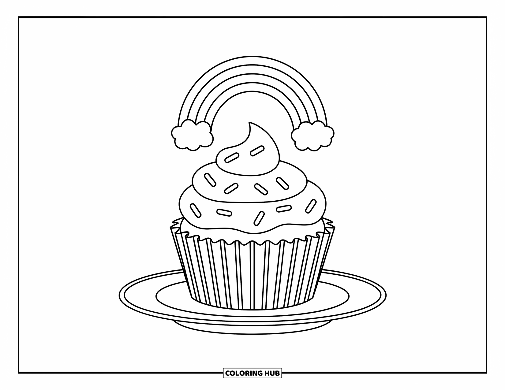Desen de colorat cu curcubeu pentru copii: Un cupcake dulce cu stropi stă pe o farfurie, încadrat de un curcubeu moale