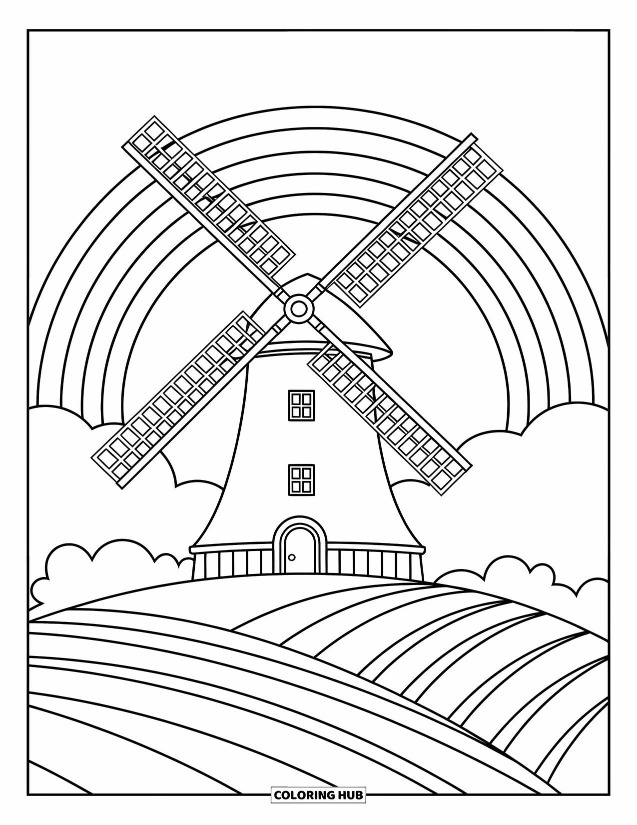 Desen de colorat cu curcubeu pentru copii: O moară de vânt înaltă se învârte în briză, încadrată de un curcubeu grațios deasupra