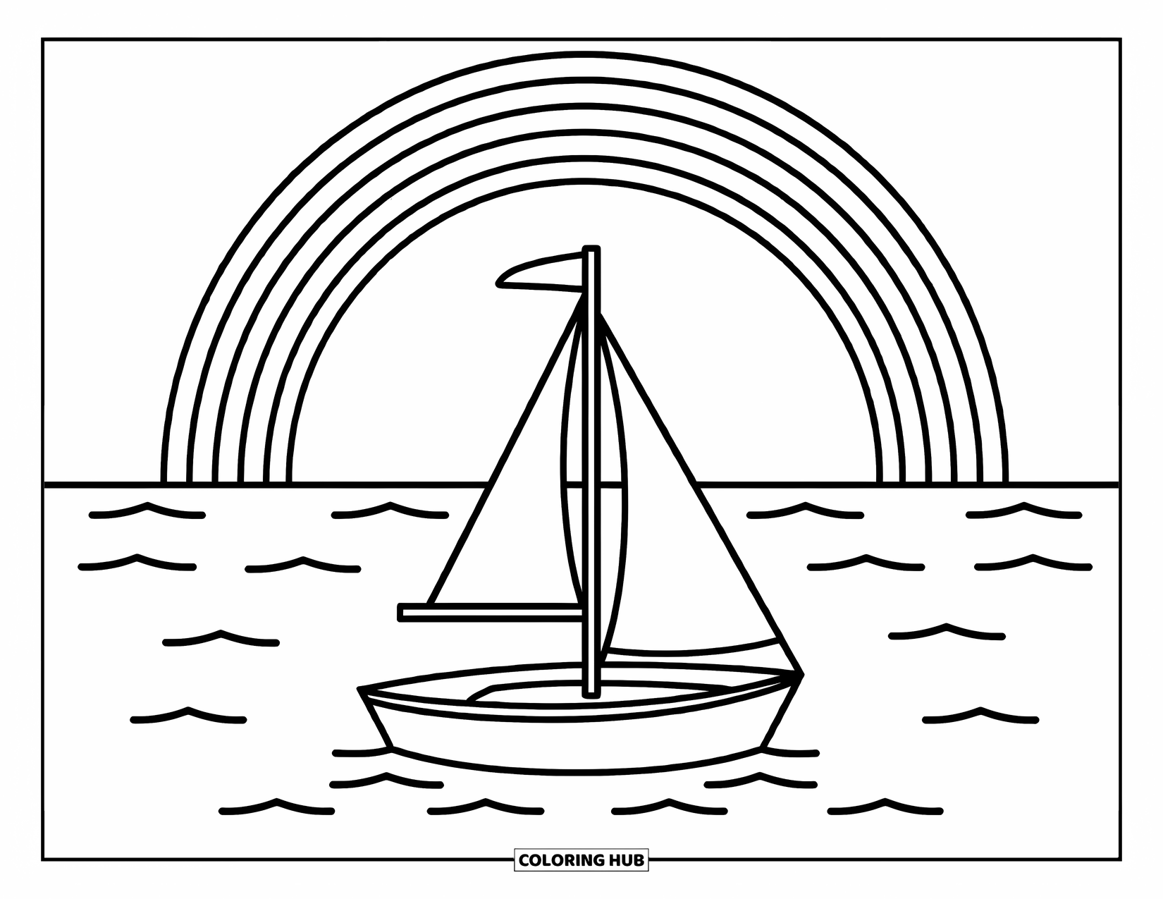 Desen de colorat cu curcubeu pentru copii: O barcă mică cu pânze alunecă pe valuri calme sub un curcubeu maiestuos pe cer