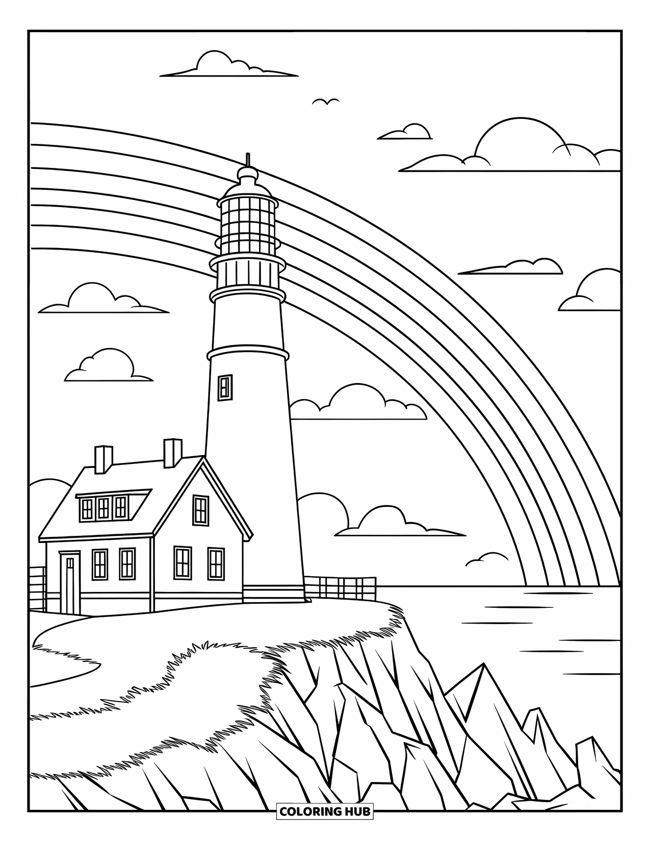 Desen de colorat cu curcubeu pentru copii: Un far impunător domină marea, cu un curcubeu maiestuos strălucind la orizont