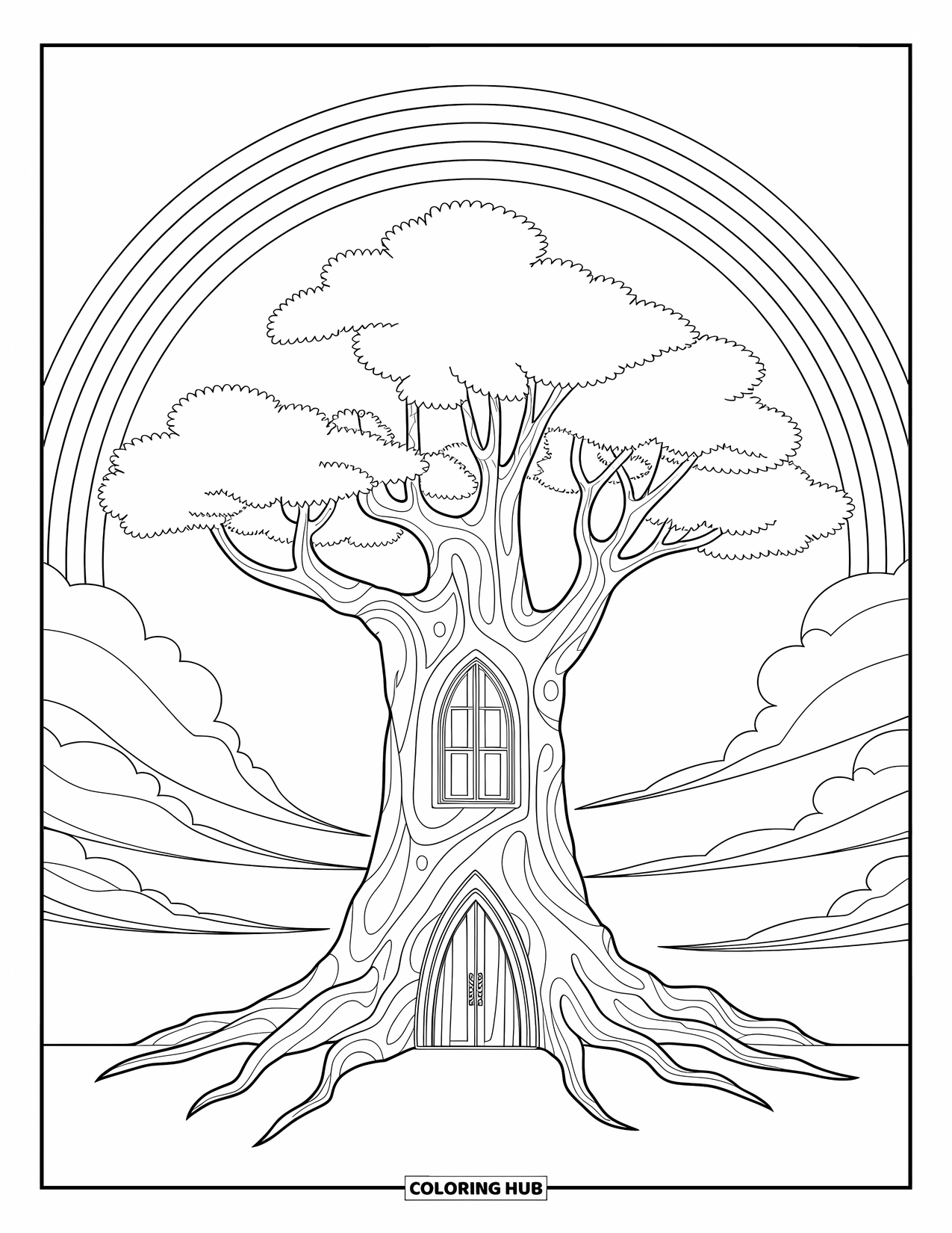 Desen de colorat cu curcubeu pentru copii: Un copac impunător cu uși și ferestre sculptate stă sub un curcubeu grațios