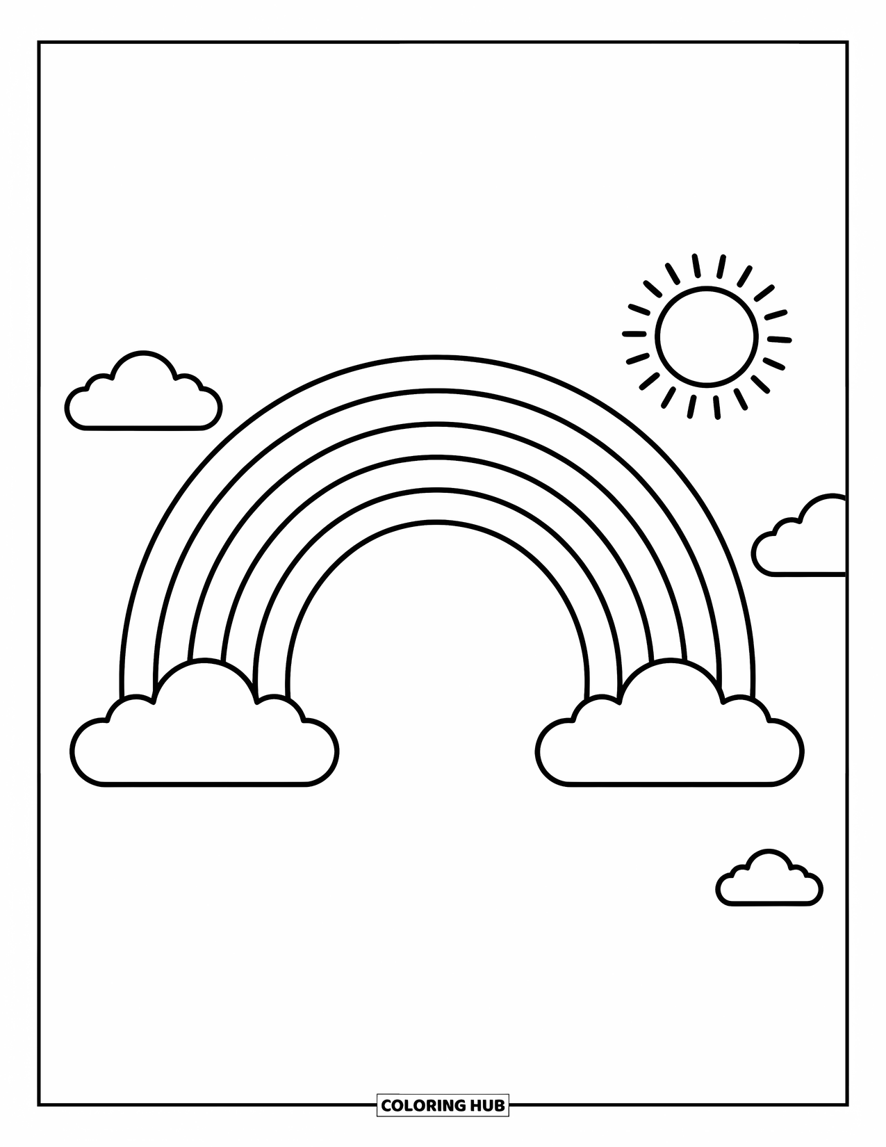 Desen de colorat cu curcubeu pentru copii: Un curcubeu vibrant se întinde pe cer, cu un nor moale și un soare strălucitor în apropiere