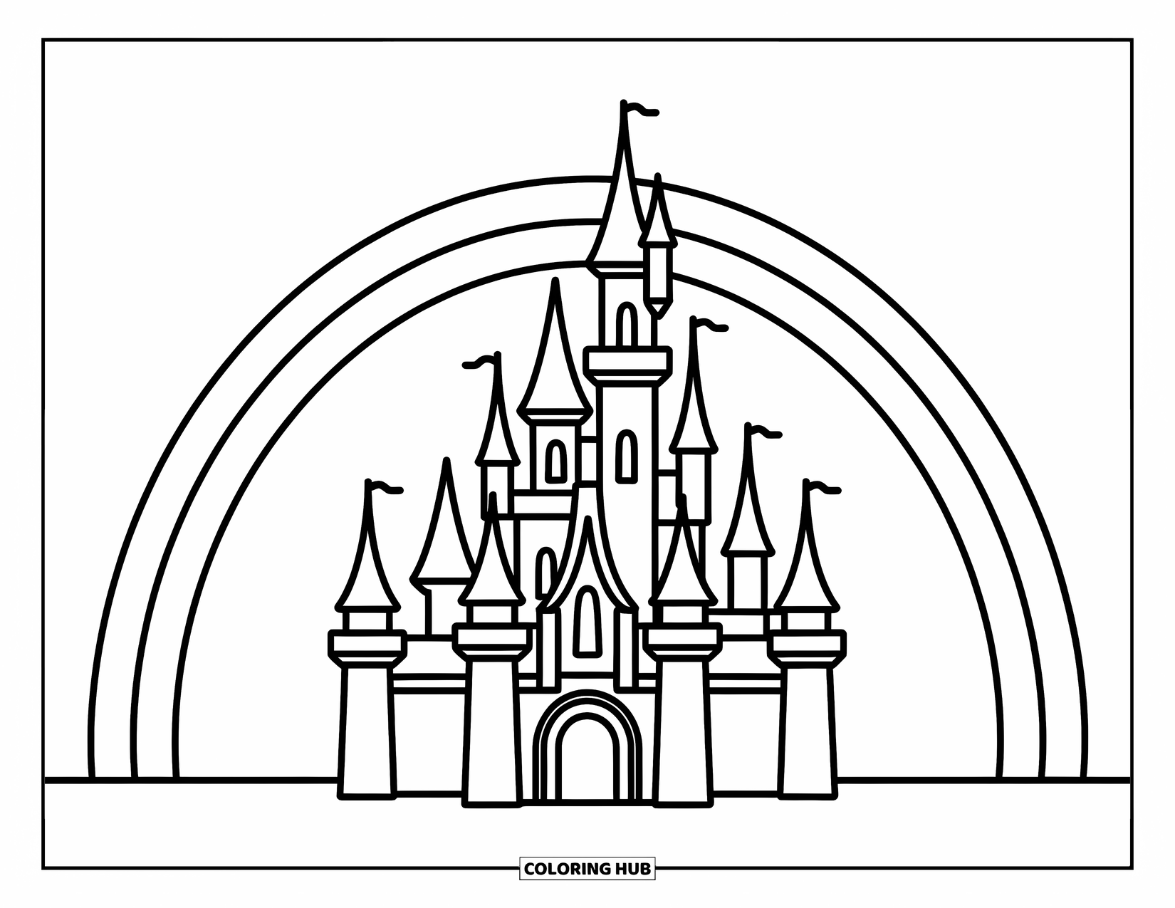 Desen de colorat cu curcubeu pentru copii: Un castel fantastic cu un turn impunător se odihnește sub un curcubeu larg