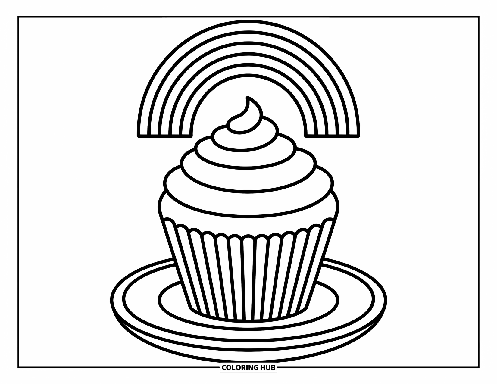 Desen de colorat cu curcubeu pentru copii: Un cupcake fantastic, cu glazură pufoasă, este acoperit cu un curcubeu delicat deasupra