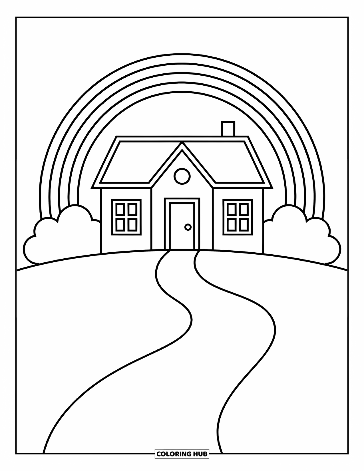 Desen de colorat cu curcubeu pentru copii: O casă fantastică stă sub un curcubeu strălucitor, cu o potecă șerpuită care duce acasă