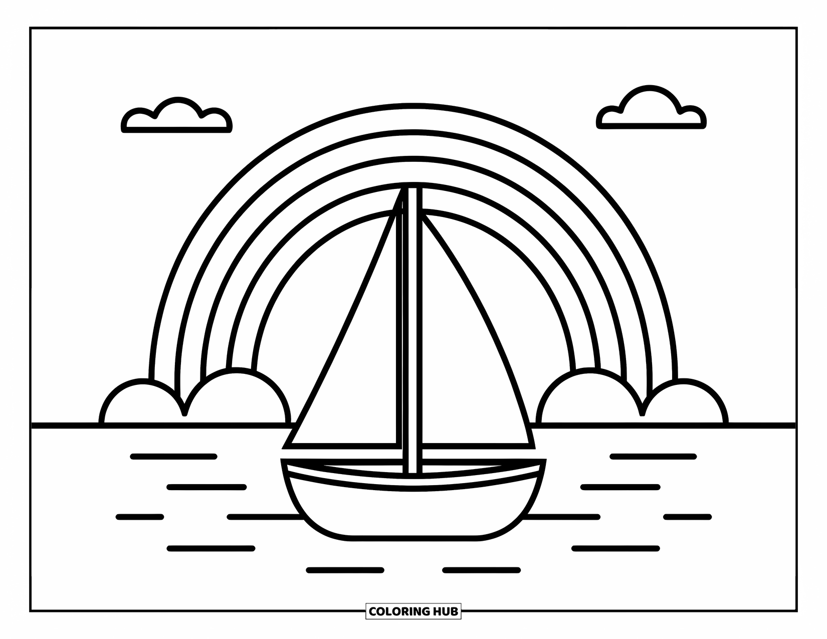 Desen de colorat cu curcubeu pentru copii: O barcă cu pânze fantastică navighează ușor, cu un curcubeu strălucitor întinzându-se la orizont