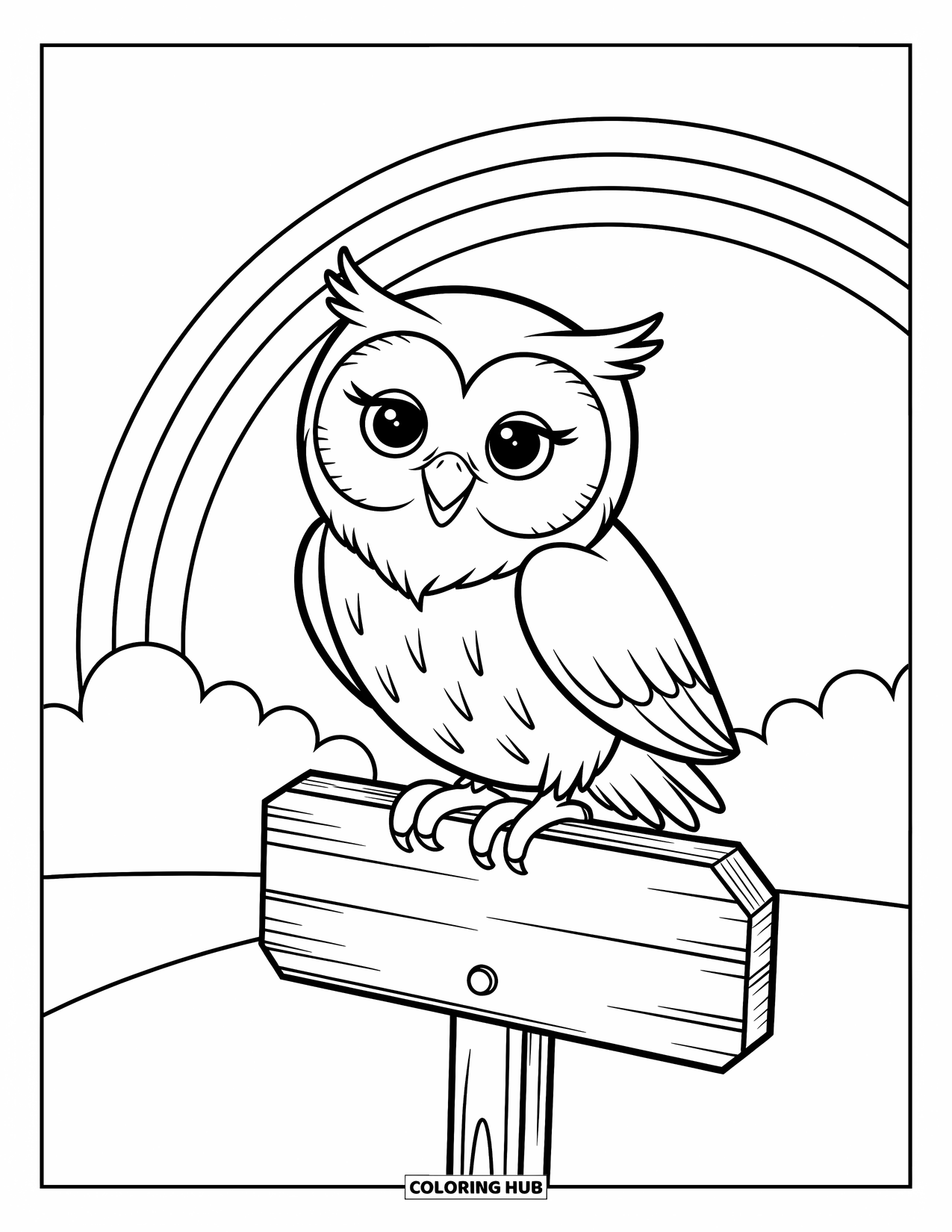 Desen de colorat cu curcubeu pentru copii: O bufniță cu ochi mari se află pe un indicator rustic, încadrată de un curcubeu blând deasupra
