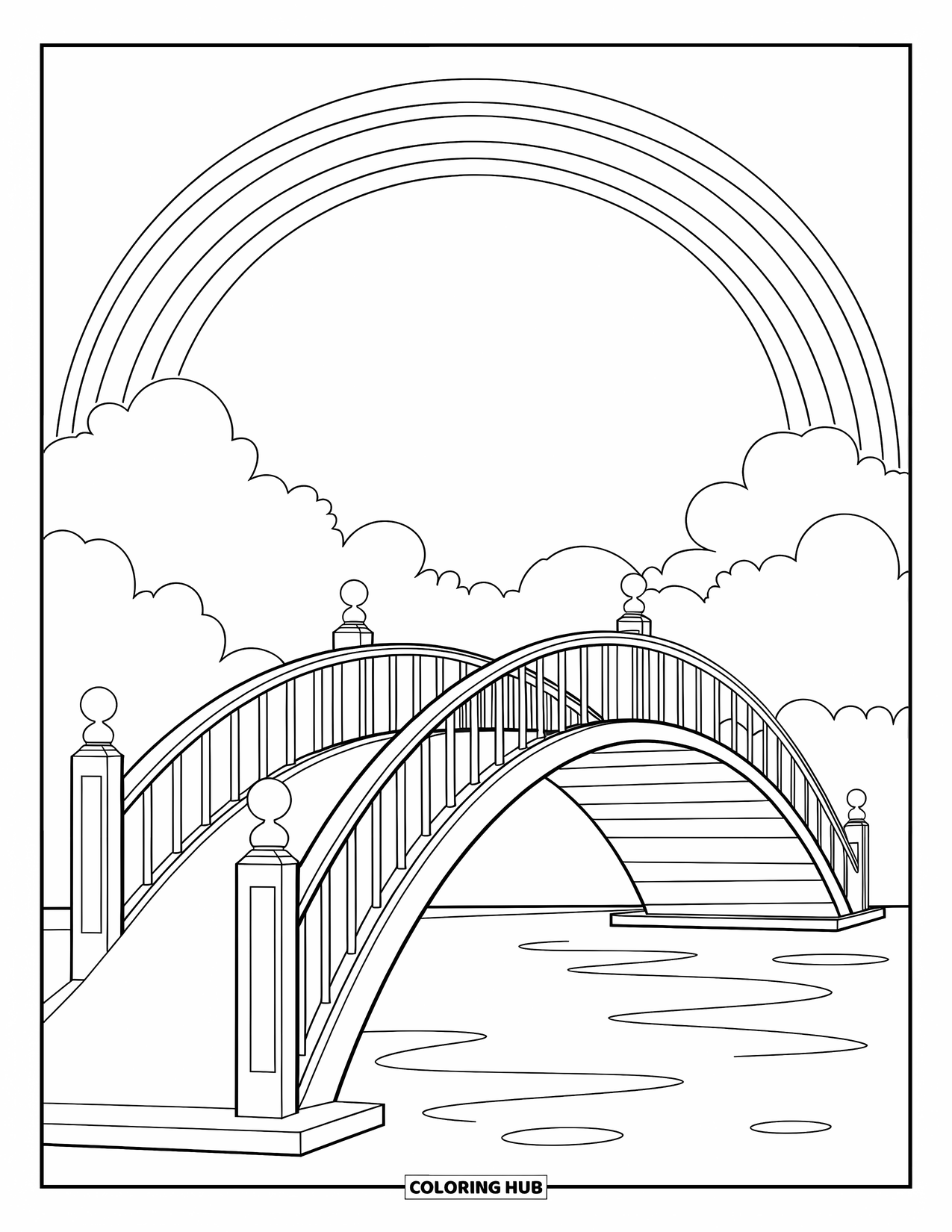 Desen de colorat cu curcubeu pentru copii: Un pod elegant se întinde peste un lac liniștit, încadrat de un curcubeu maiestuos în depărtare