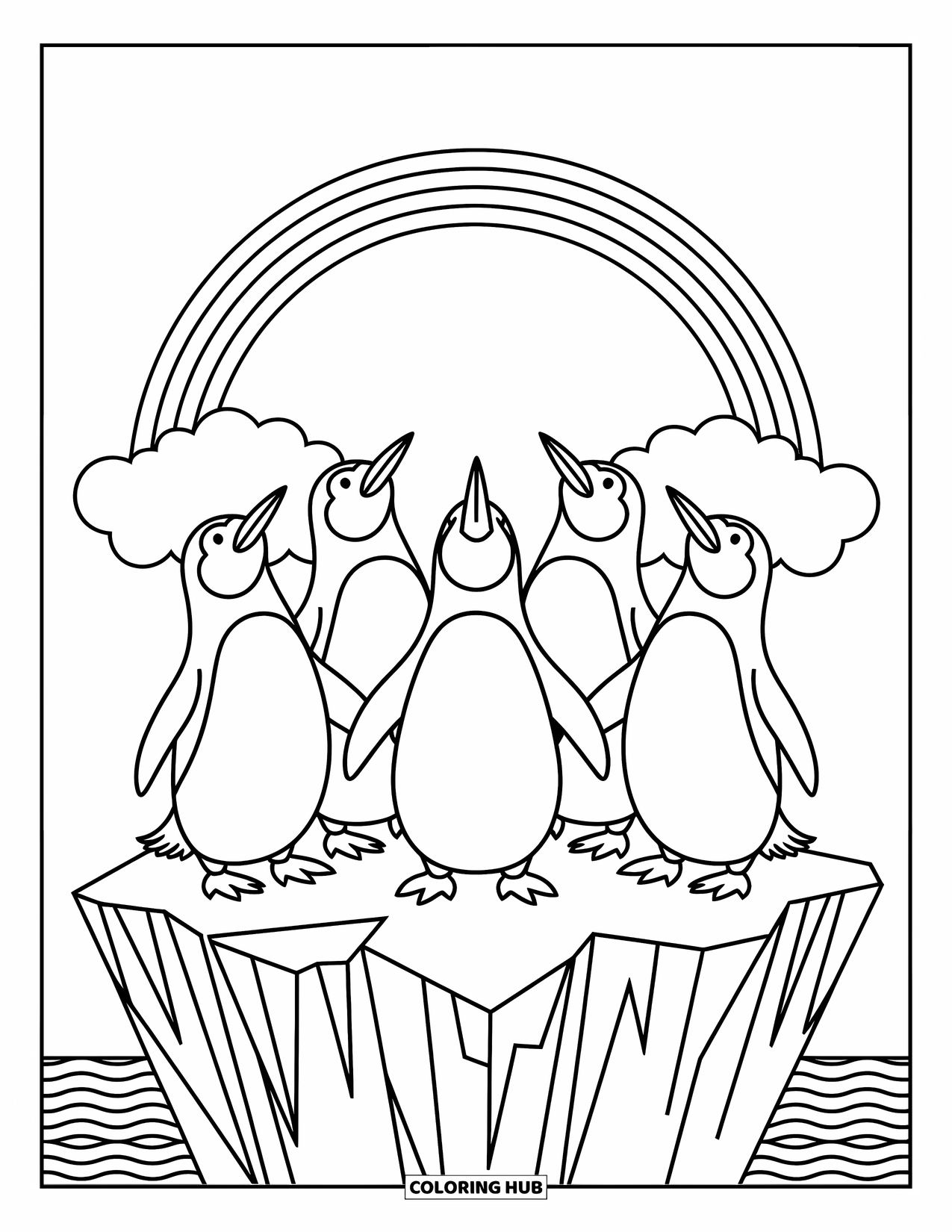 Desen de colorat cu curcubeu pentru copii: Cinci pinguini curioși se înghesuie pe o margine de gheață, privind un curcubeu strălucitor deasupra
