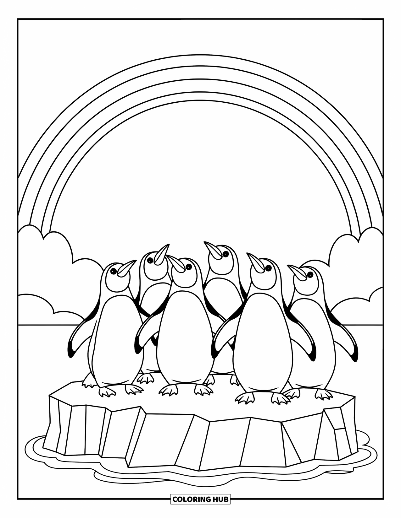 Desen de colorat cu curcubeu pentru copii: Cinci pinguini curioși stau pe o margine de gheață, urmărind un curcubeu strălucind deasupra lor