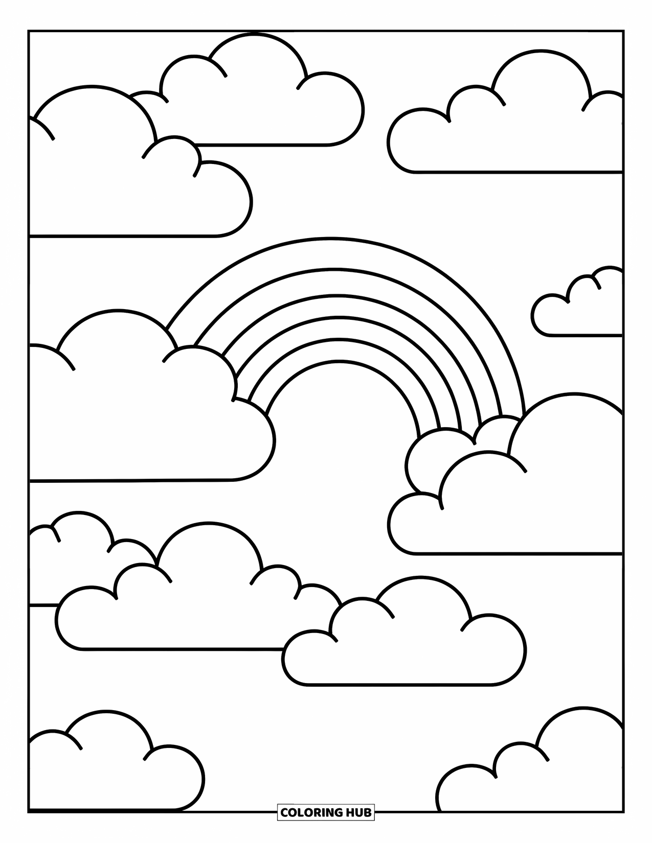 Desen de colorat cu curcubeu pentru copii: Nori pufoși plutesc pe cer, cu un curcubeu delicat arcuindu-se între ei