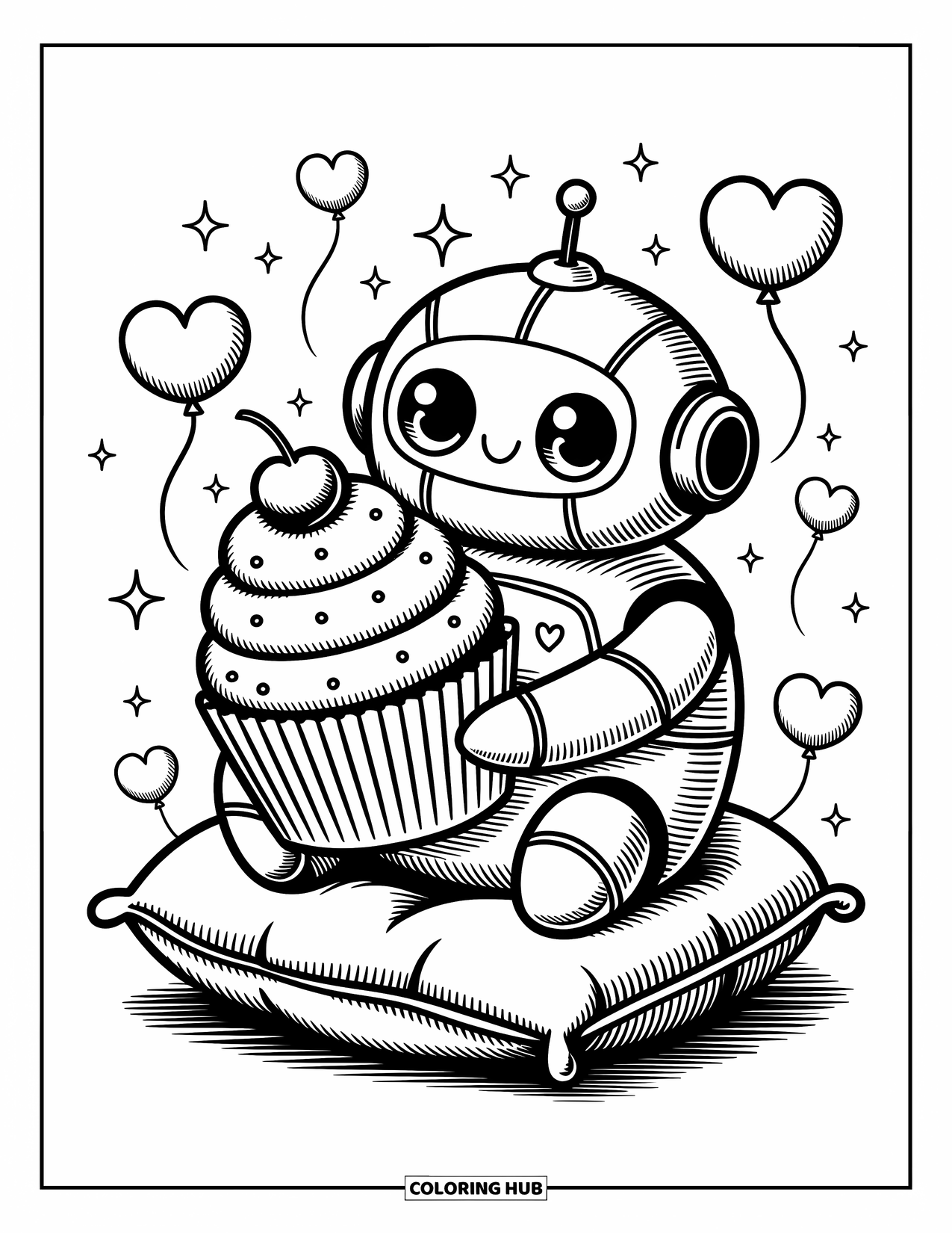 Kolorowanka z robotem dla dorosłych: Radosny robot trzyma babeczkę z balonami w kształcie serc i błyszczącymi gwiazdami w pobliżu