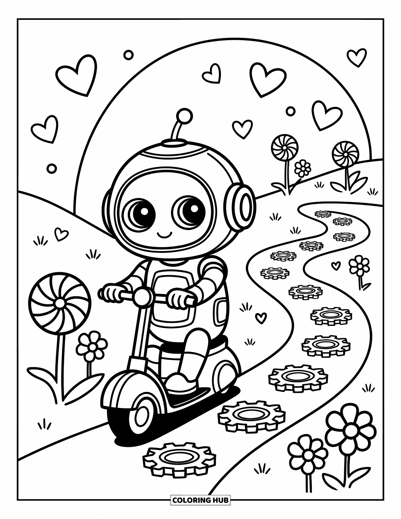 Kolorowanka z robotem dla dorosłych: Radosny robot jeździ na maleńkiej hulajnodze pod unoszącymi się sercami i wirami cukierków