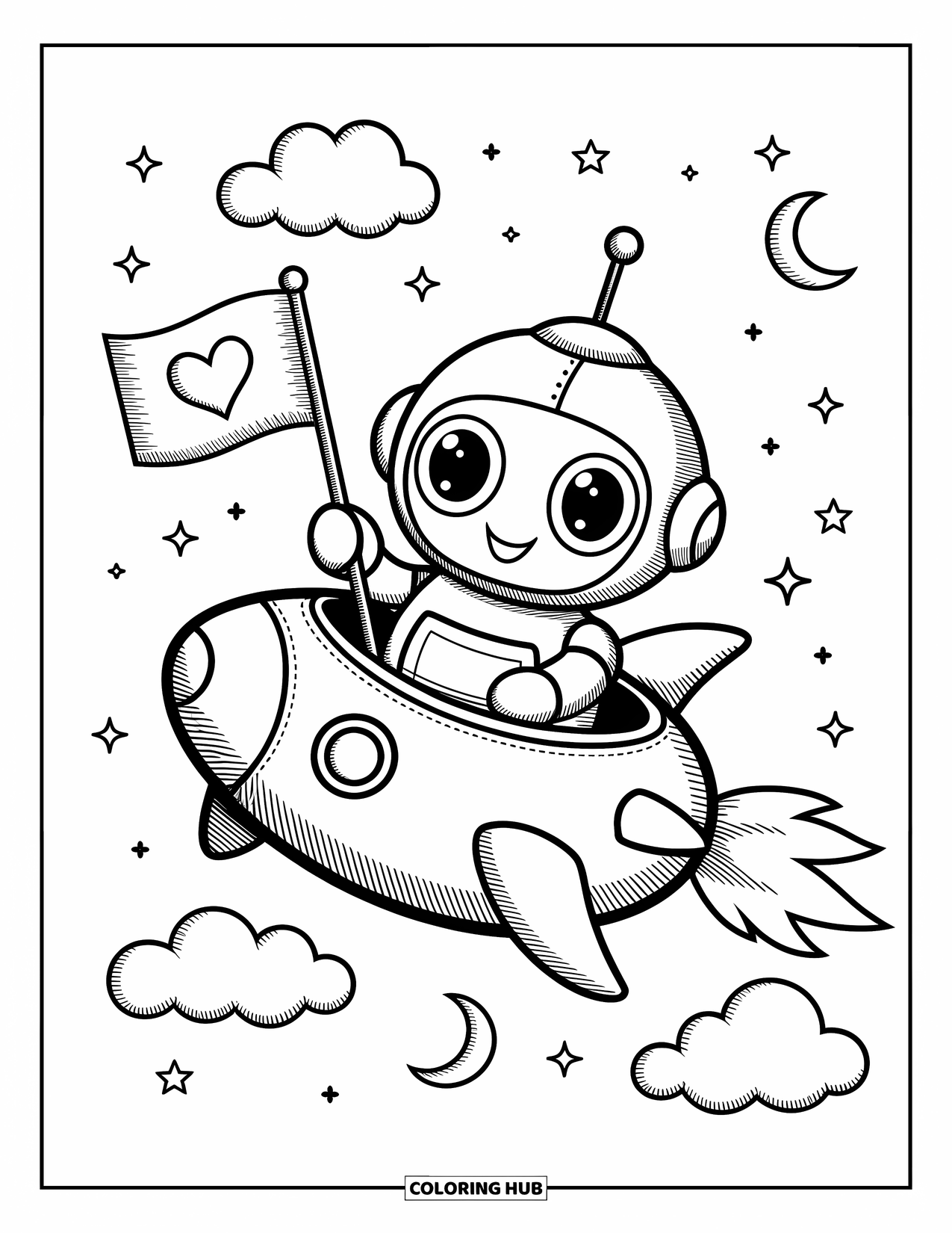 Kolorowanka z robotem dla dorosłych: Radosny robot siedzi w rakiecie z unoszącymi się księżycami i wesołymi kształtami