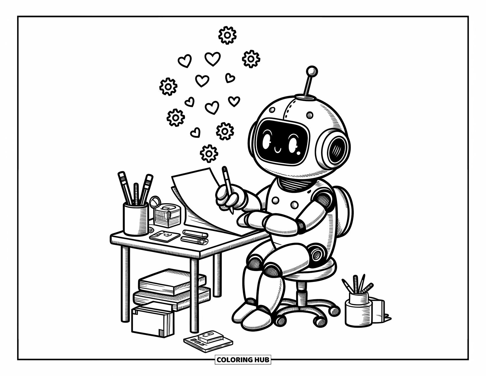 Kolorowanka z robotem dla dorosłych: Radosny robot pisze list otoczony sercami, gadżetami i przytulnymi detalami