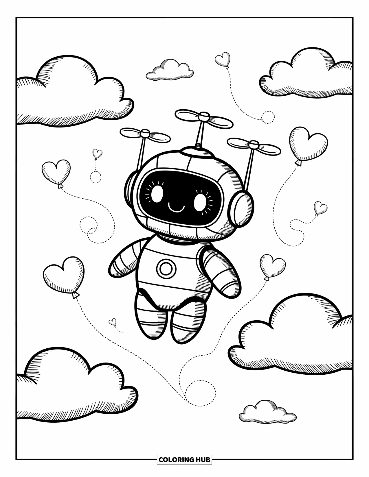 Kolorowanka z robotem dla dorosłych: Robot chibi unosi się z balonami w kształcie serc, zębatkami i miękkimi chmurami dookoła