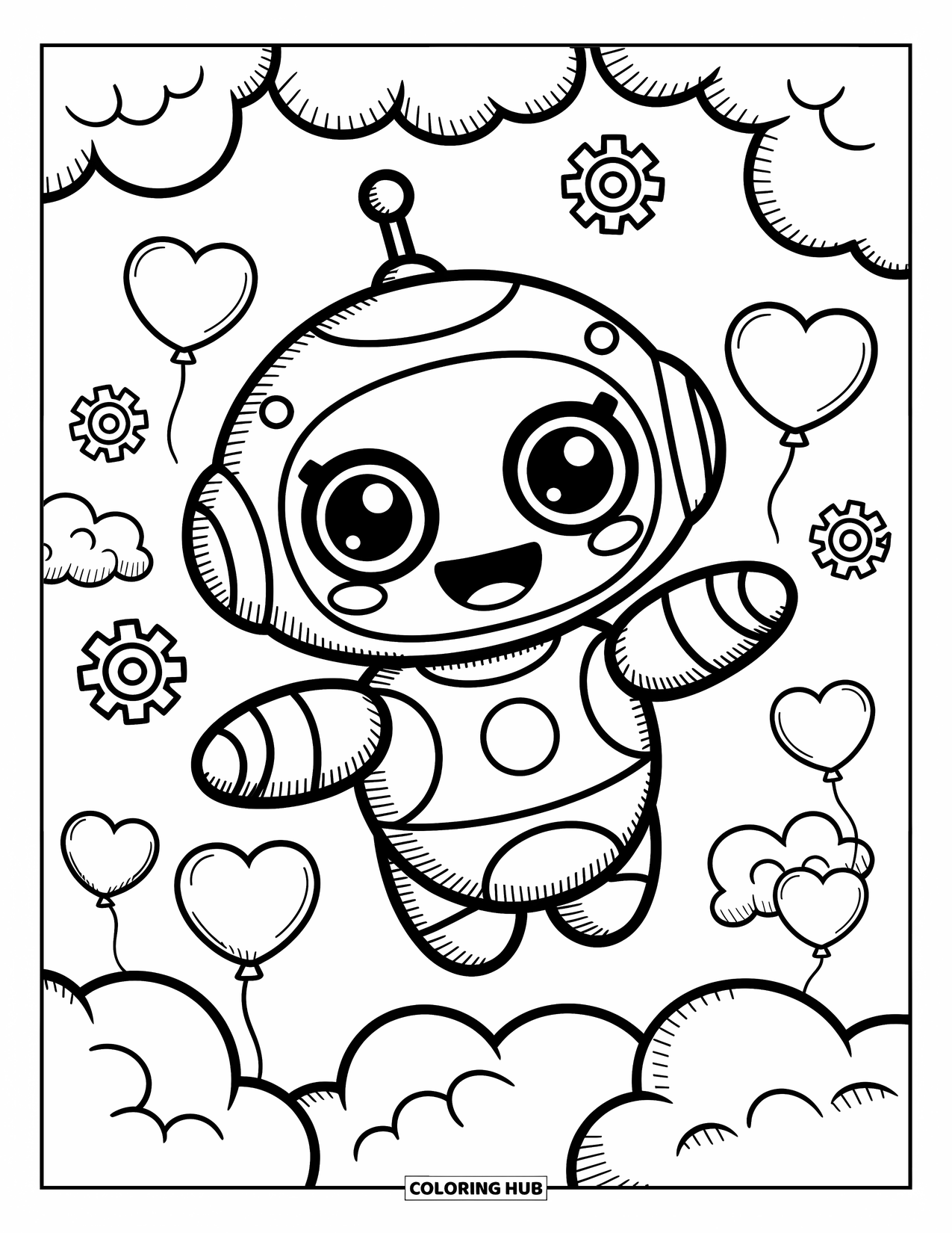 Kolorowanka z robotem dla dorosłych: Robot chibi z radosnym uśmiechem lata wśród chmur, zębatek i balonów w kształcie serc