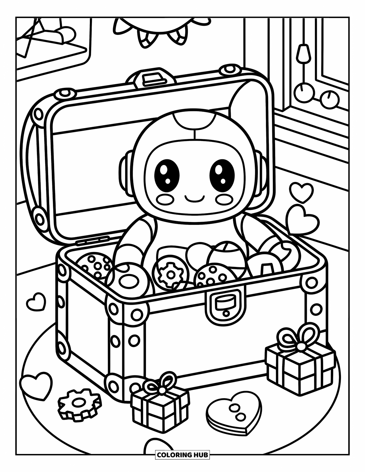 Kolorowanka z robotem dla dorosłych: Ciekawski robot wygląda z skrzyni z zabawkami wypełnionej uroczymi amuletami i prezentami