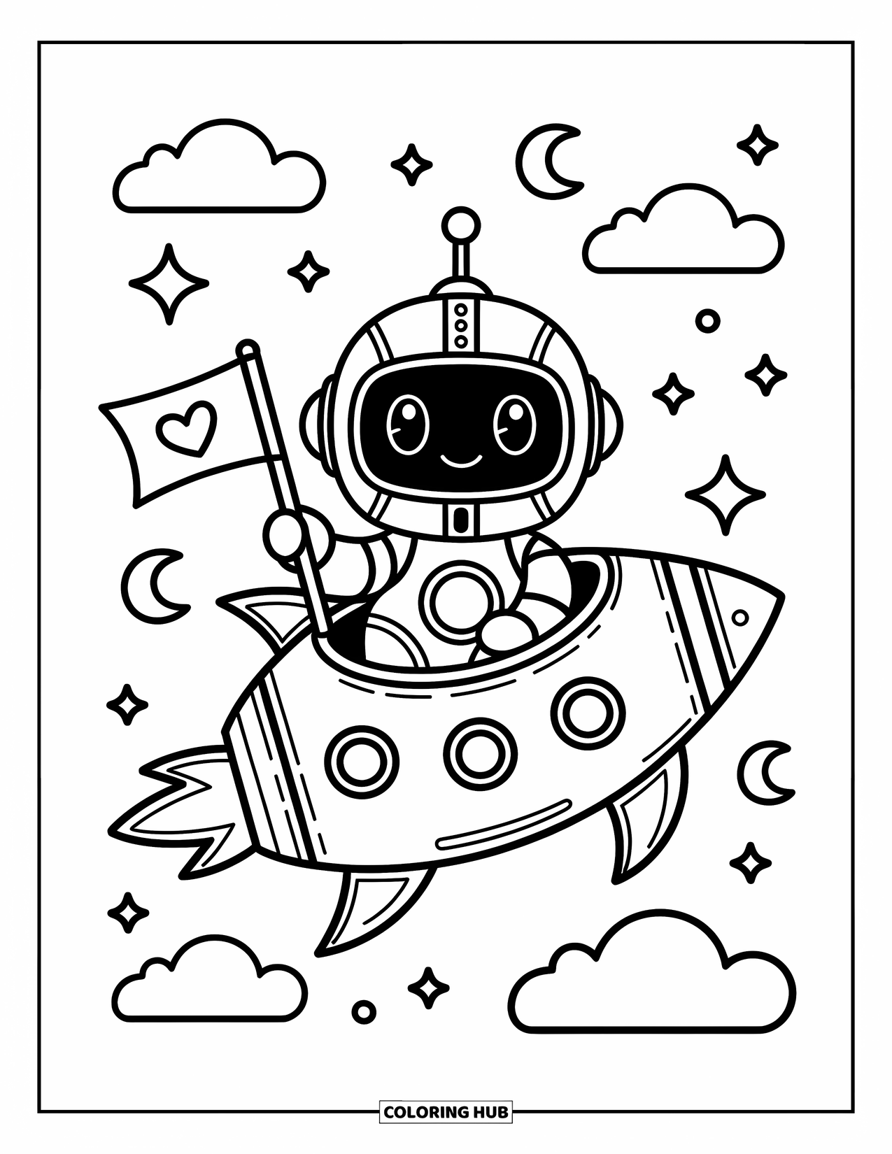 Kolorowanka z robotem dla dorosłych: Uroczy robot w rakiecie trzyma flagę-serce z chmurami i księżycami w kształcie rogalika dookoła