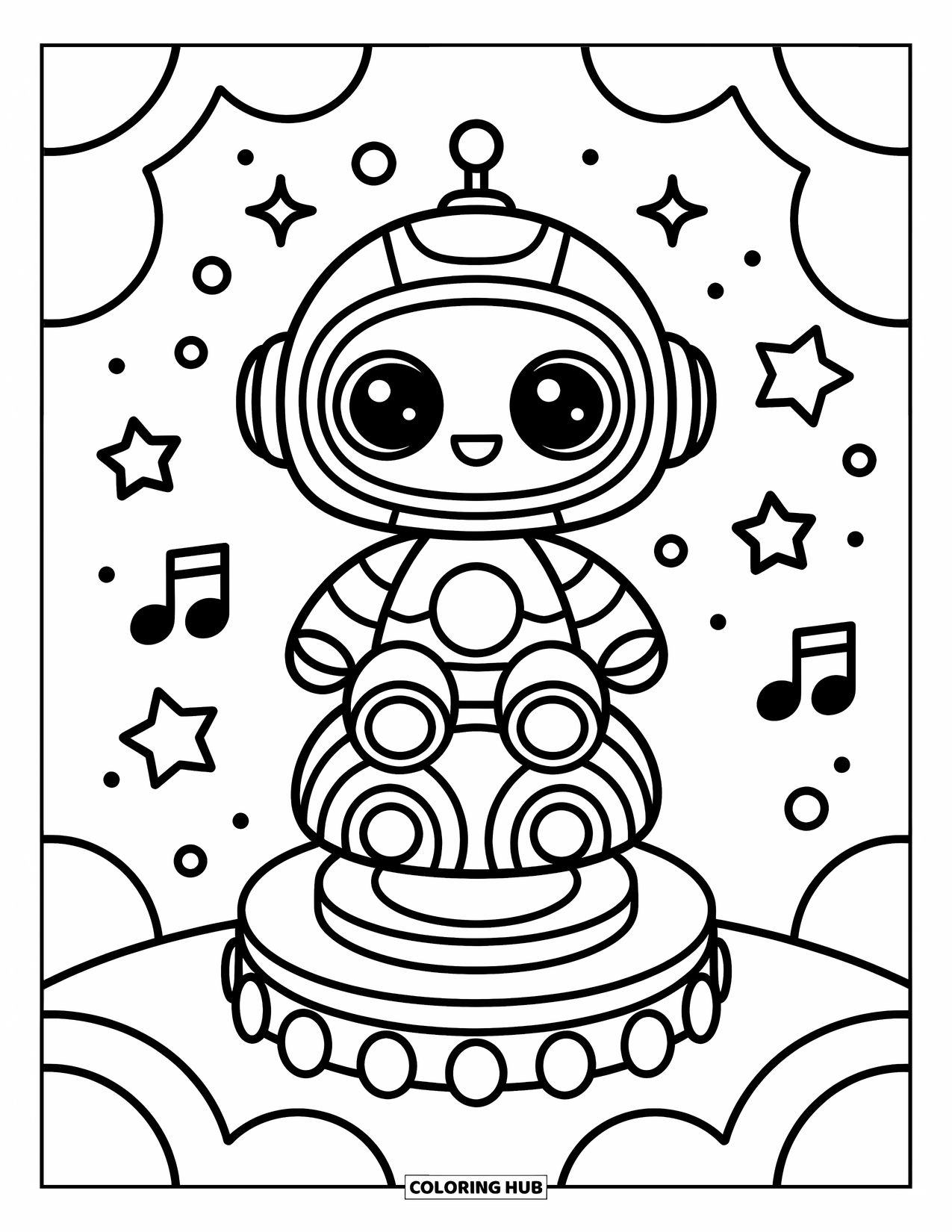 Kolorowanka z robotem dla dorosłych: Uroczy robot jeździ na karuzeli-zębatce otoczonej gwiazdami i unoszącymi się nutami