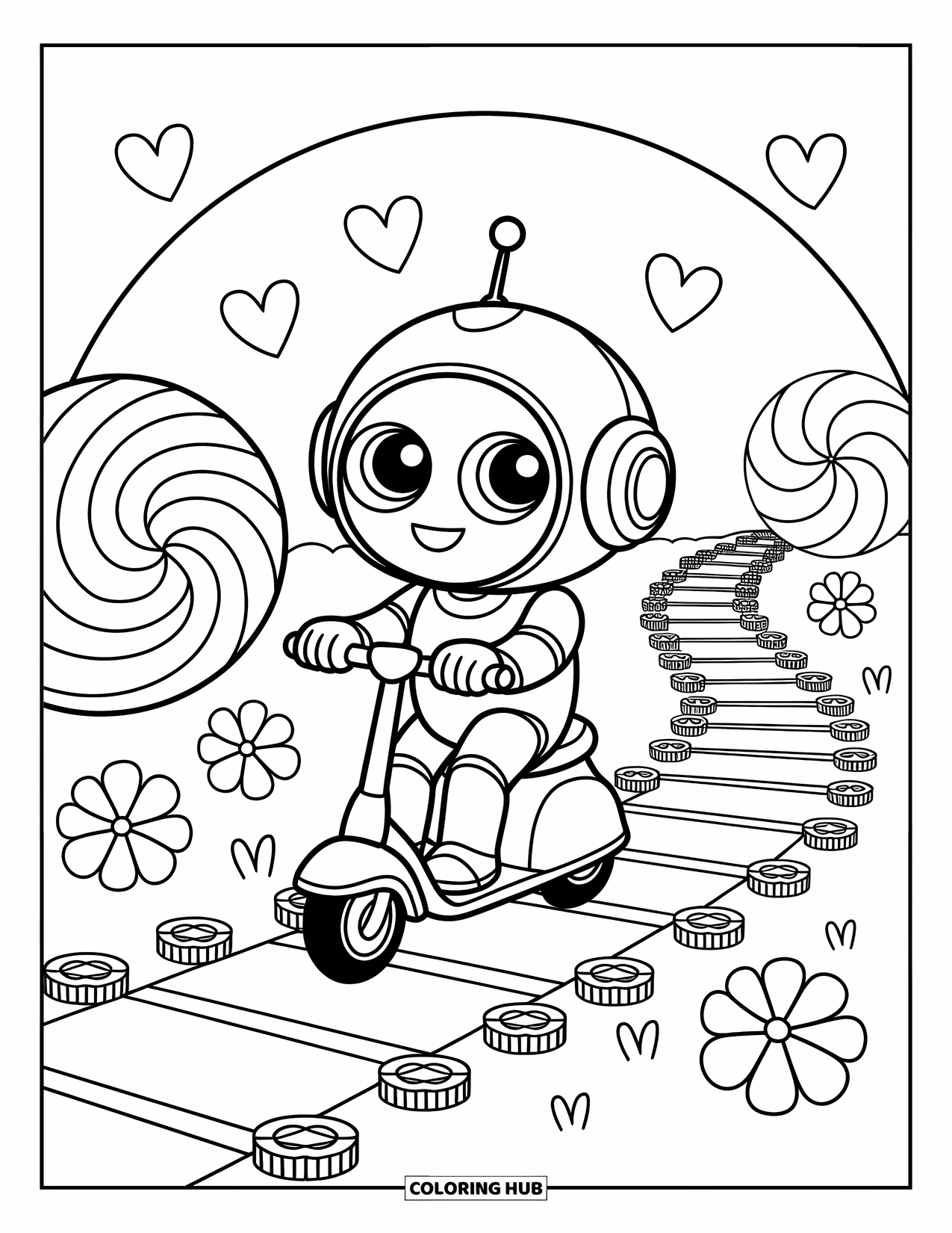 Kolorowanka z robotem dla dorosłych: Uroczy robot z dużymi oczami jeździ na hulajnodze po ścieżce z zębatek i słodyczy