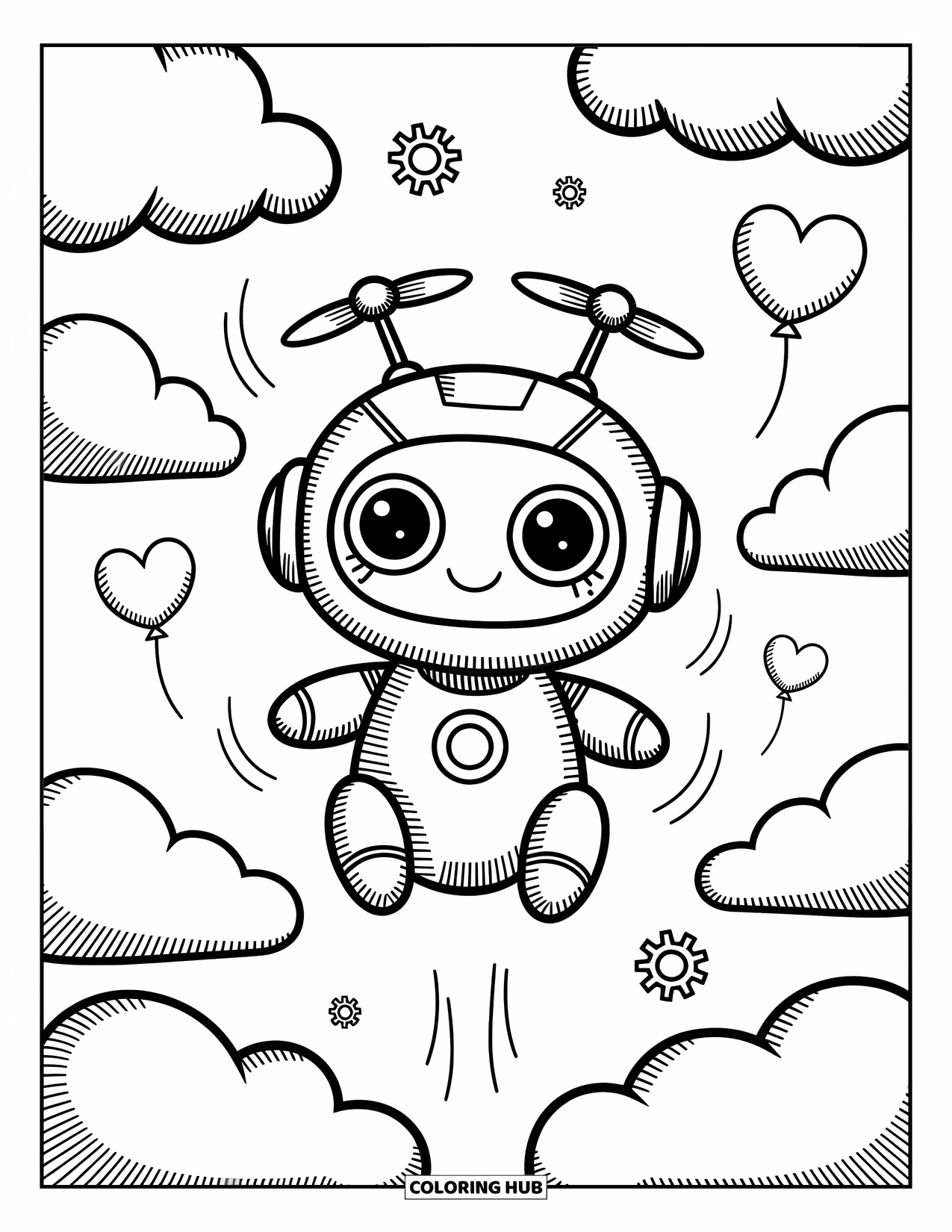 Kolorowanka z robotem dla dorosłych: Uroczy robot ze śmigłami unosi się przez chmury z balonami w kształcie serc i zębatkami