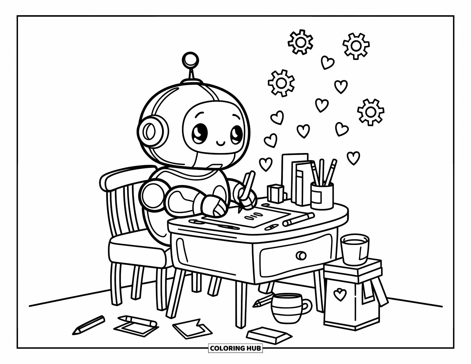 Kolorowanka z robotem dla dorosłych: Uroczy robot pisze list przy maleńkim biurku z wesołymi unoszącymi się sercami