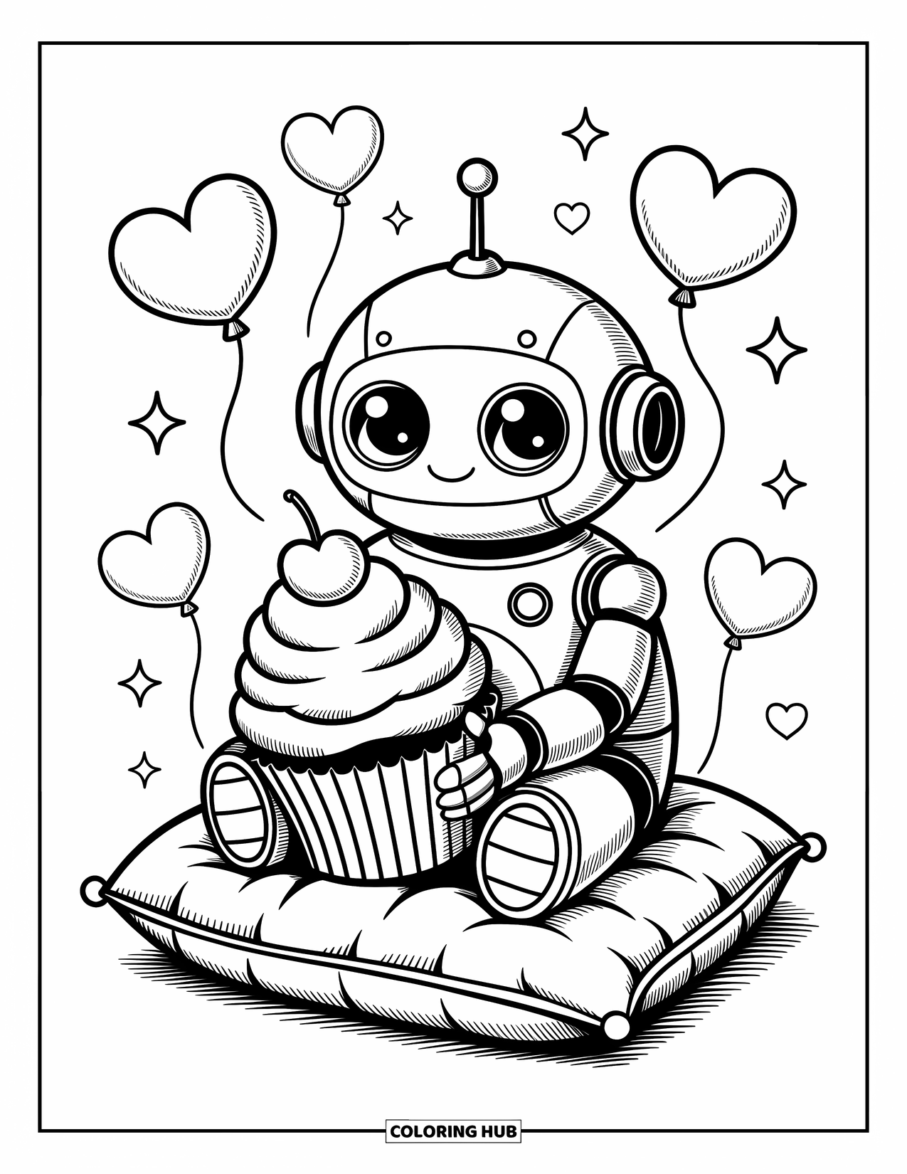 Kolorowanka z robotem dla dorosłych: Szczęśliwy robot na poduszce trzyma babeczkę z balonami w kształcie serc unoszącymi się dookoła
