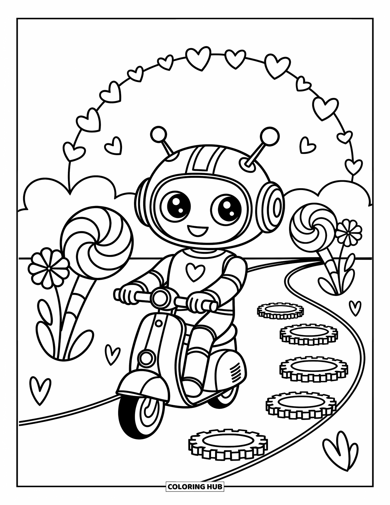 Kolorowanka z robotem dla dorosłych: Robot kawaii jeździ na hulajnodze po krętej ścieżce z kwiatami i kamieniami-zębatkami