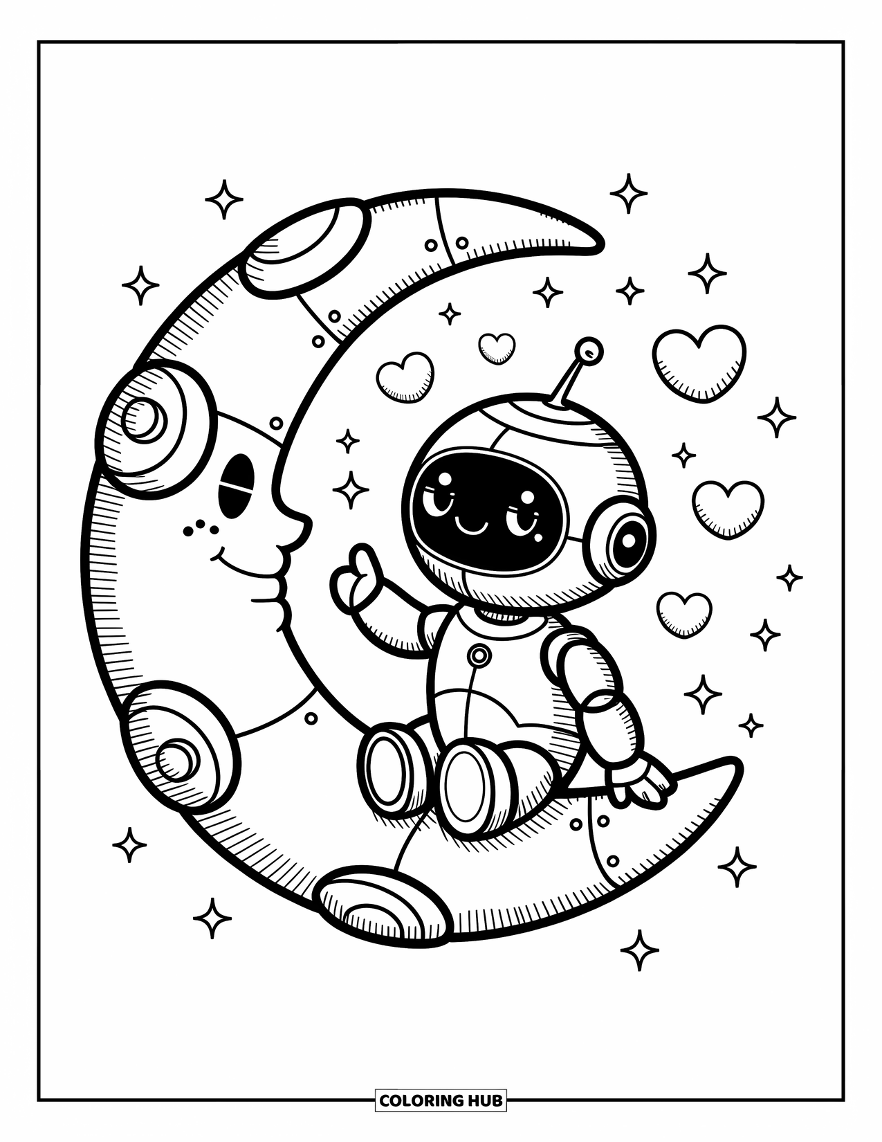 Kolorowanka z robotem dla dorosłych: Robot kawaii siedzi na księżycu w kształcie rogalika otoczony gwiazdami i bańkami-sercami