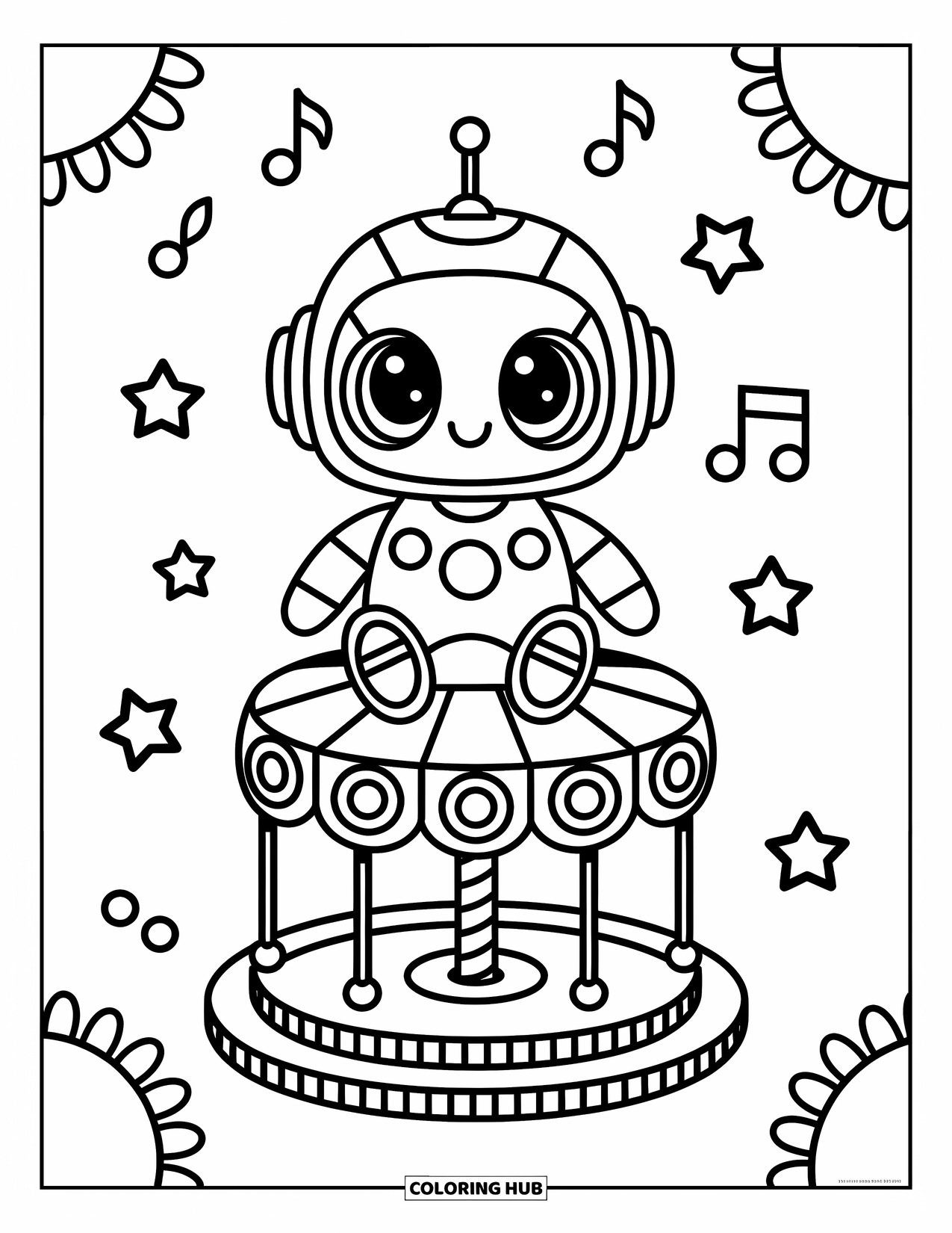 Kolorowanka z robotem dla dorosłych: Robot kawaii siedzi na karuzeli-zębatce z gwiazdami i nutami muzycznymi dookoła