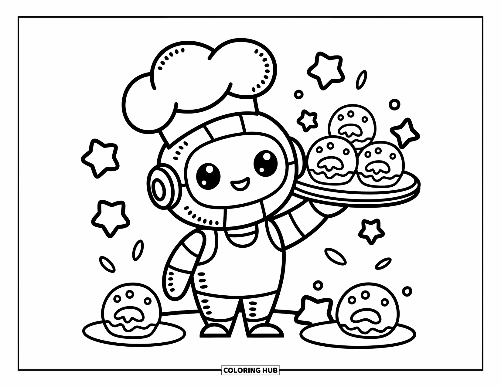 Kolorowanka z robotem dla dorosłych: Mały robot-piekarz w czapce szefa kuchni trzyma tacę z ciastkami w kształcie gwiazd i robotów