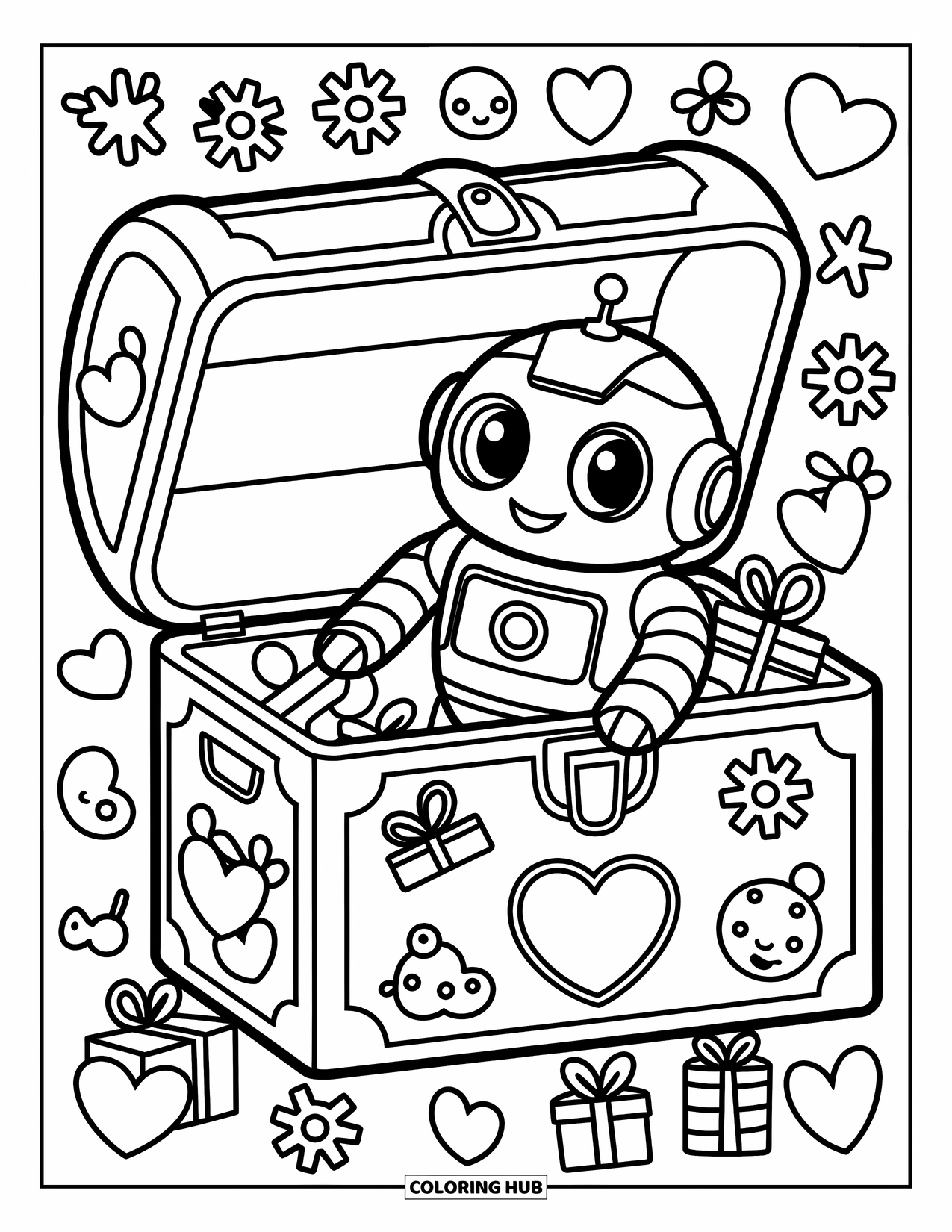 Kolorowanka z robotem dla dorosłych: Mały robot wygląda ze skrzyni skarbów wypełnionej wesołymi przedmiotami kawaii