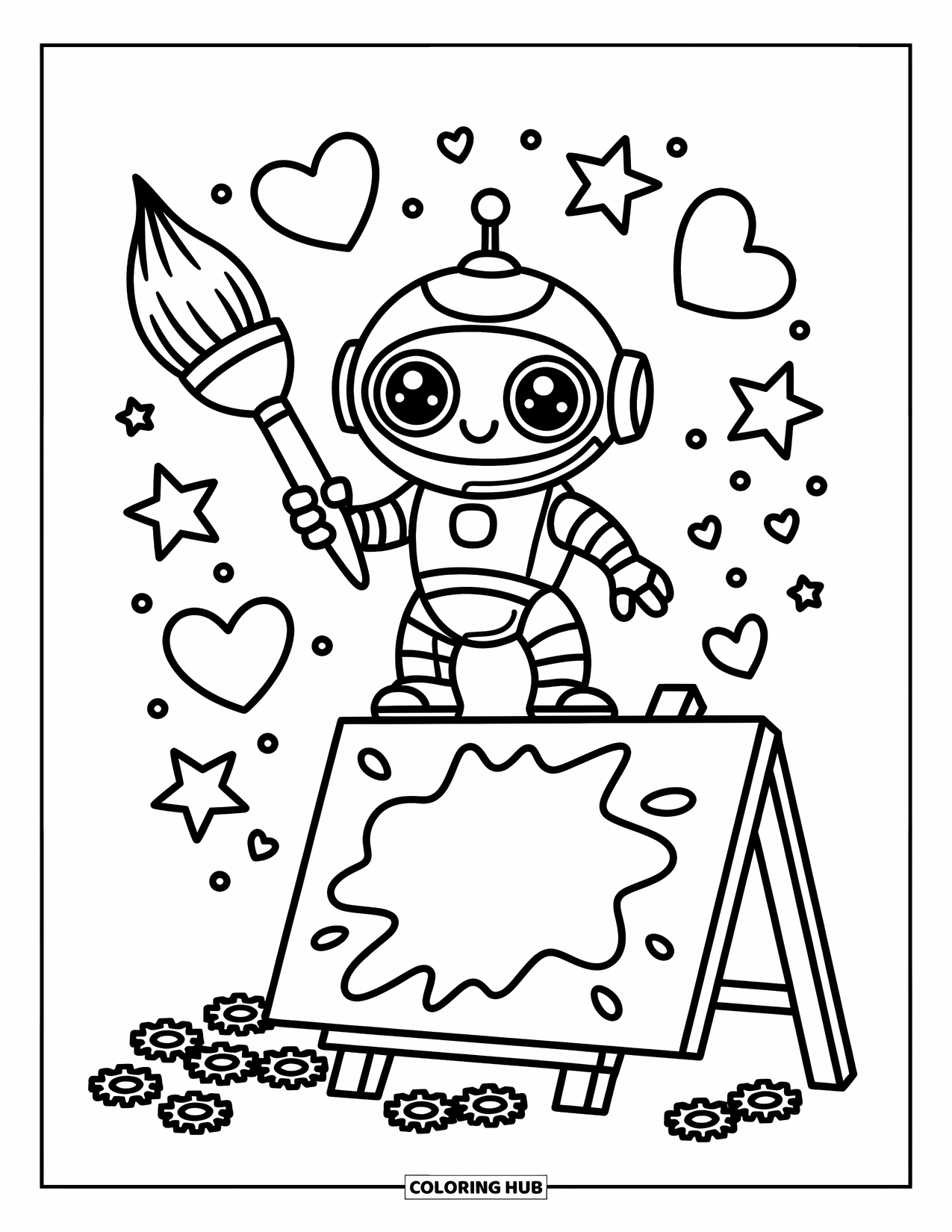 Kolorowanka z robotem dla dorosłych: Mały robot stoi na gigantycznym płótnie, malując gwiazdy i serca wesoło