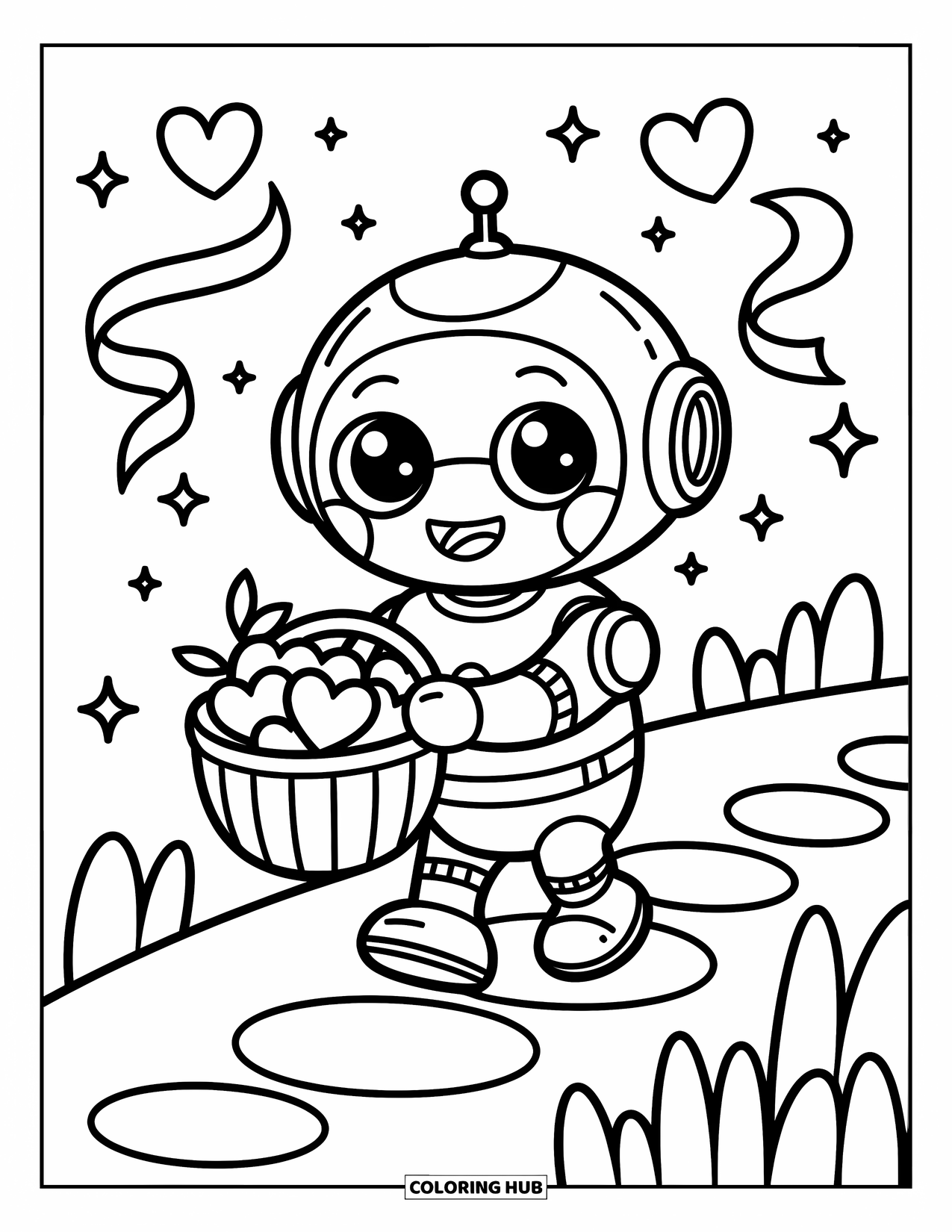 Kolorowanka z robotem dla dorosłych: Mały robot z dużymi oczami trzyma koszyk z owocami-sercami na kamiennej ścieżce