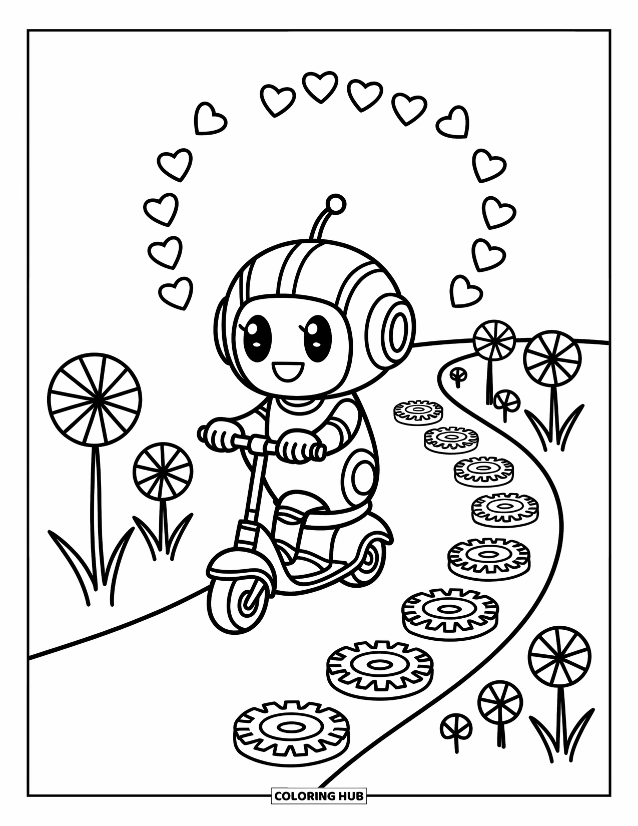 Kolorowanka z robotem dla dorosłych: Wesoły robot jeździ na hulajnodze po krętej ścieżce z wirami cukierków i kwiatami