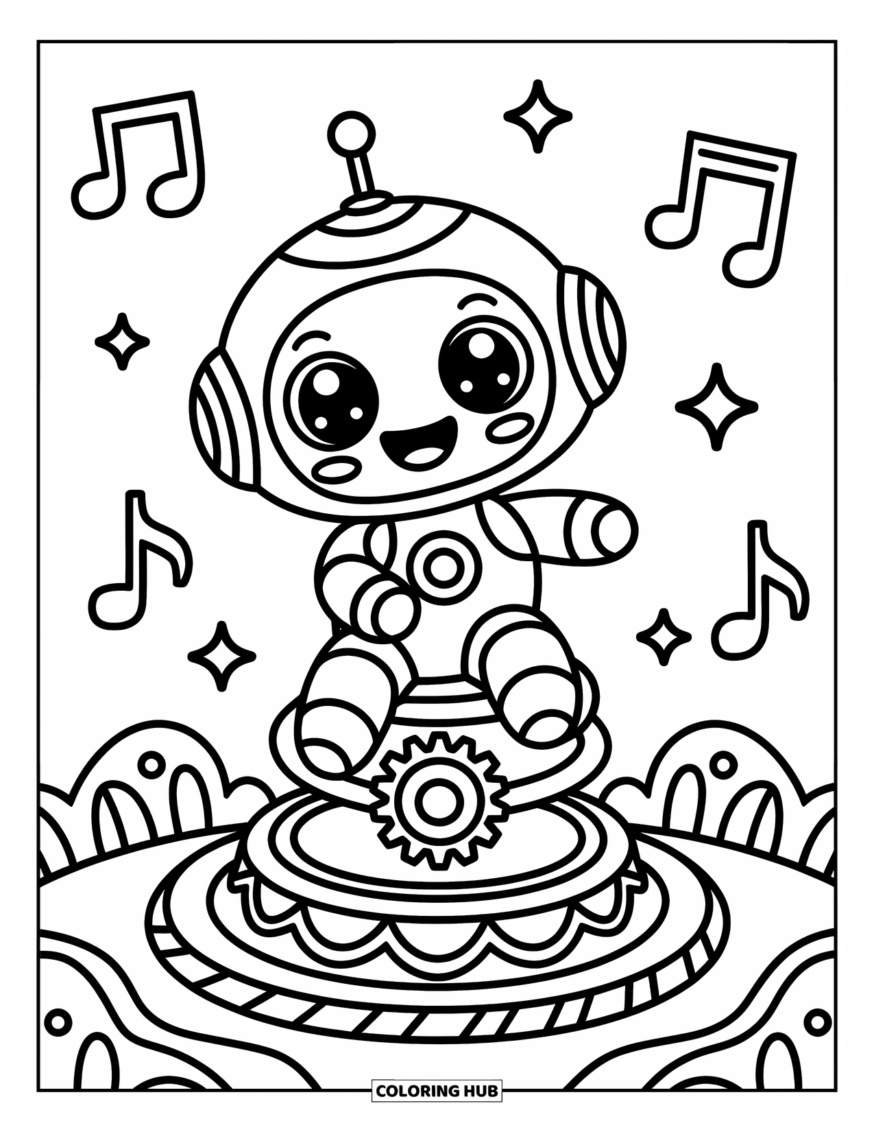 Kolorowanka z robotem dla dorosłych: Wesoły robot jeździ na małej karuzeli w kształcie zębatki z nutami muzycznymi