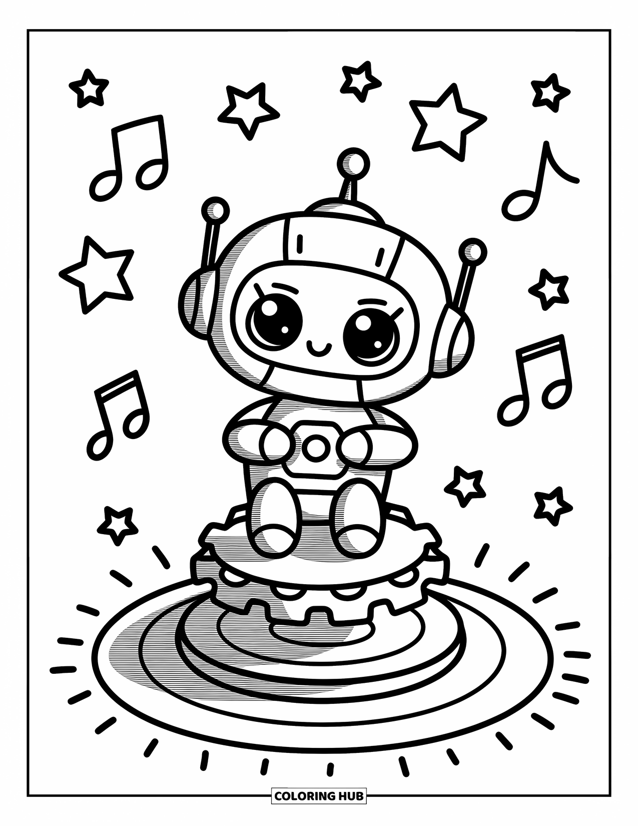 Kolorowanka z robotem dla dorosłych: Wesoły robot z dużymi oczami siedzi na maleńkiej karuzeli w kształcie zębatki