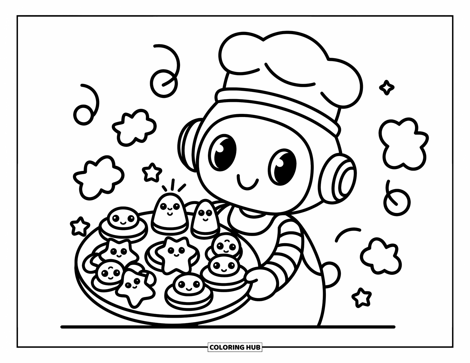 Kolorowanka z robotem dla dorosłych: Robot-piekarz w czapce szefa kuchni niesie ciastka w kształcie gwiazd i robotów