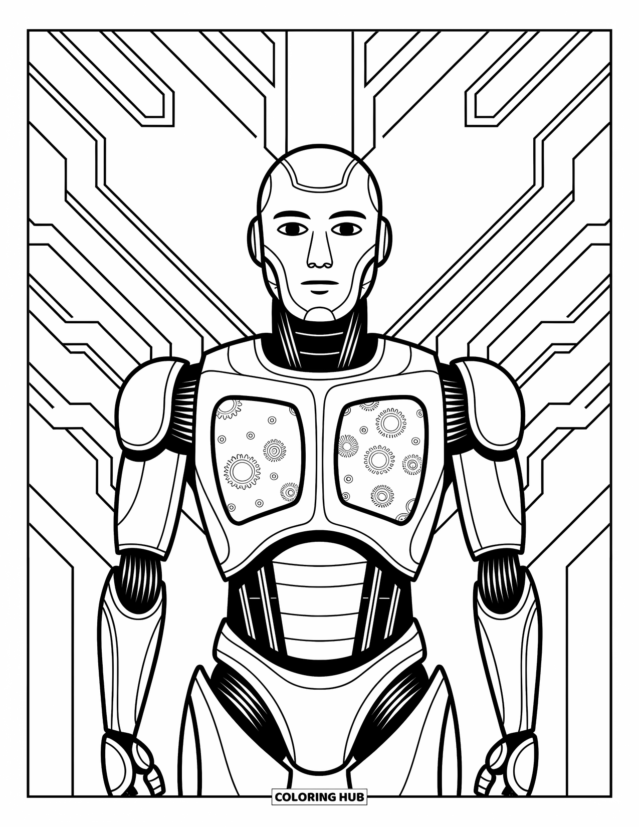 Kolorowanka z robotem dla dorosłych: Robot stoi z otwartymi panelami na klatce piersiowej, odsłaniając zębatki i wirujące wzory.