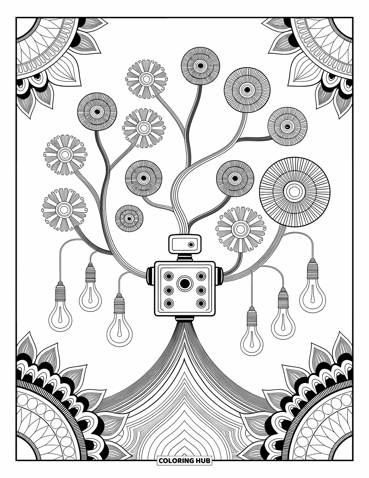 Kolorowanka z robotem dla dorosłych: Robot-drzewo z kwiatami zębatymi i żarówkami, oprawione skomplikowanymi wzorami.