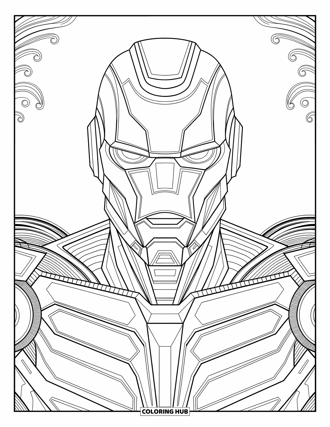 Kolorowanka z robotem dla dorosłych: Twarz robota ze szczegółowymi płytami pancerza oprawiona eleganckimi wirującymi wzorami.