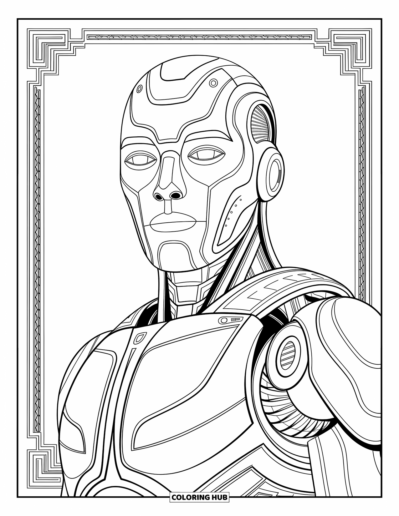 Kolorowanka z robotem dla dorosłych: Twarz robota ze szczegółowymi grawerunkami otoczona geometrycznymi wzorami i obramowaniami.
