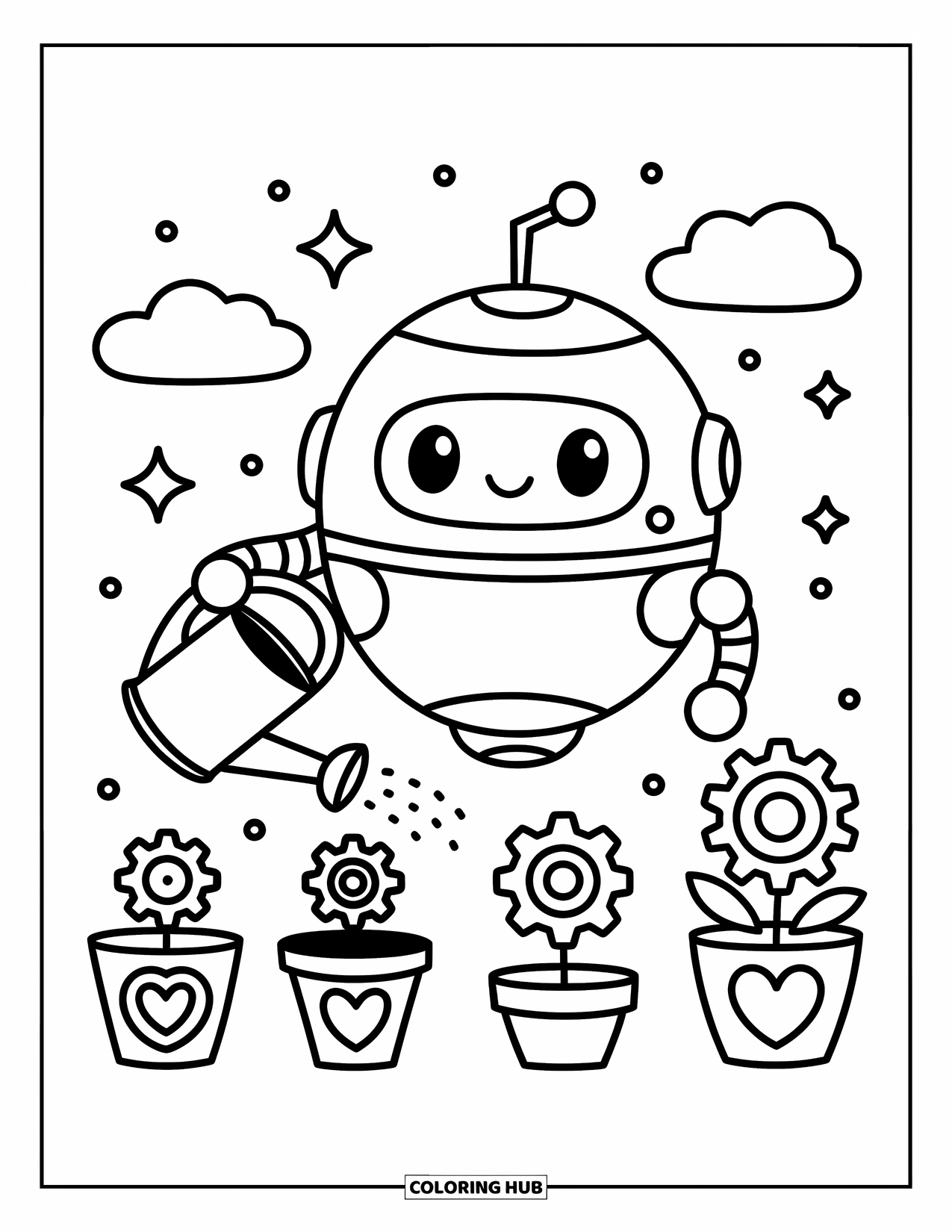 Kolorowanka z robotem dla dorosłych: Okrągły robot podlewa rośliny-serca i zębatki z chmurami i gwiazdami w pobliżu