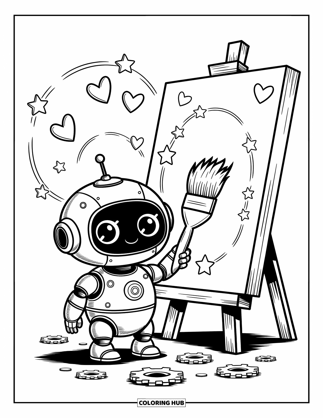 Kolorowanka z robotem dla dorosłych: Mały robot trzyma gigantyczny pędzel, malując gwiazdy i serca na dużym płótnie