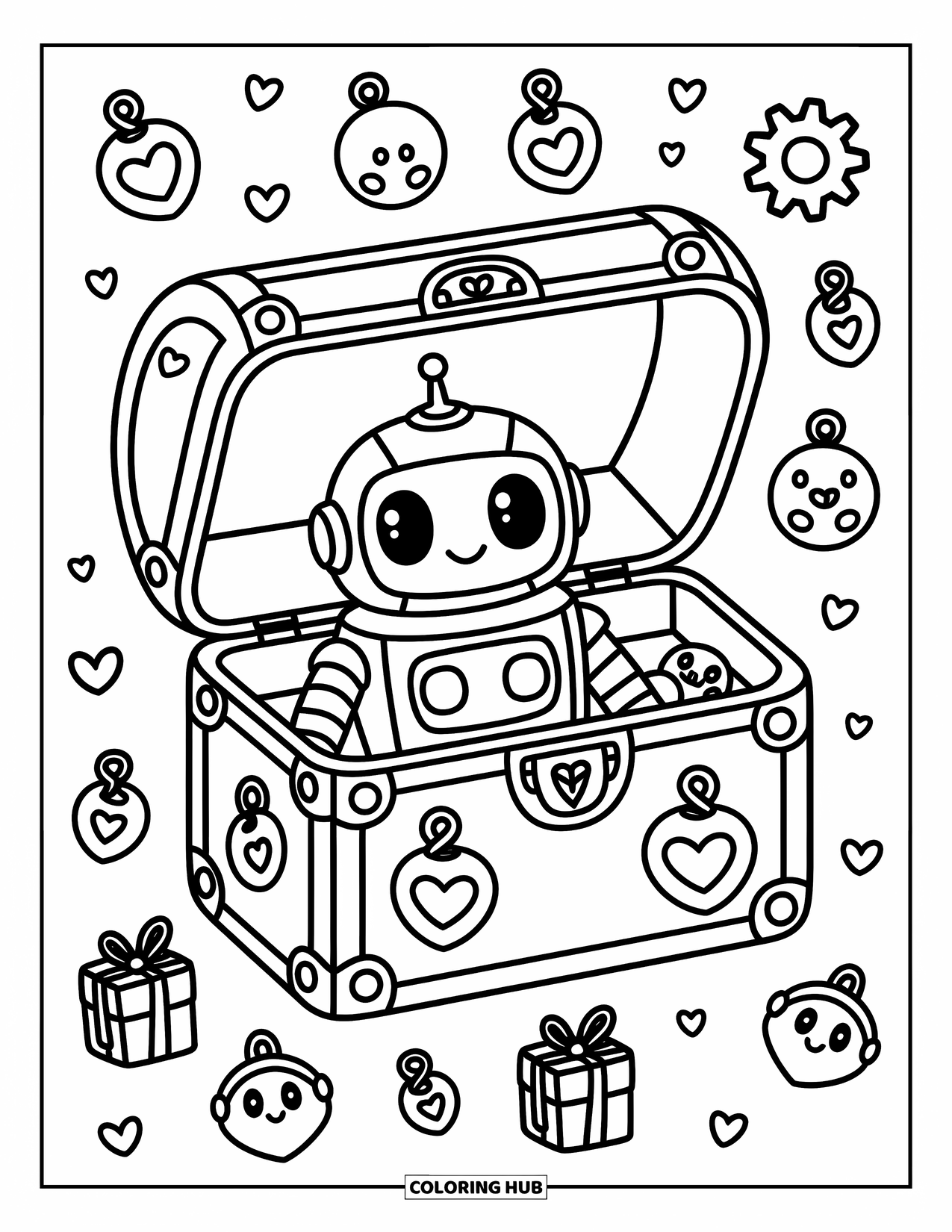 Kolorowanka z robotem dla dorosłych: Mały robot wygląda ze skrzyni skarbów wypełnionej uroczymi drobiazgami