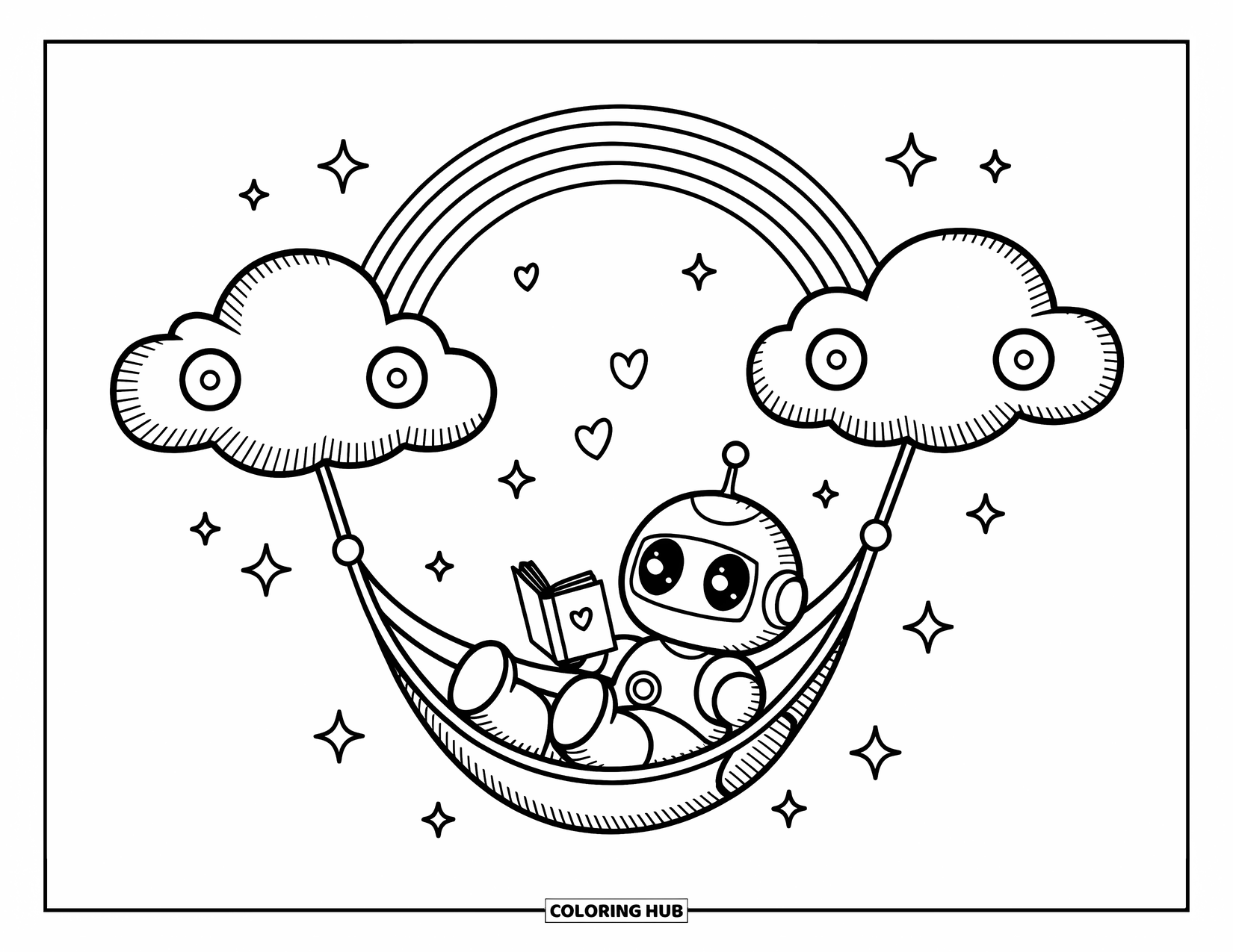 Kolorowanka z robotem dla dorosłych: Mały robot odpoczywa w hamaku, otoczony sercami, błyskotkami i tęczą